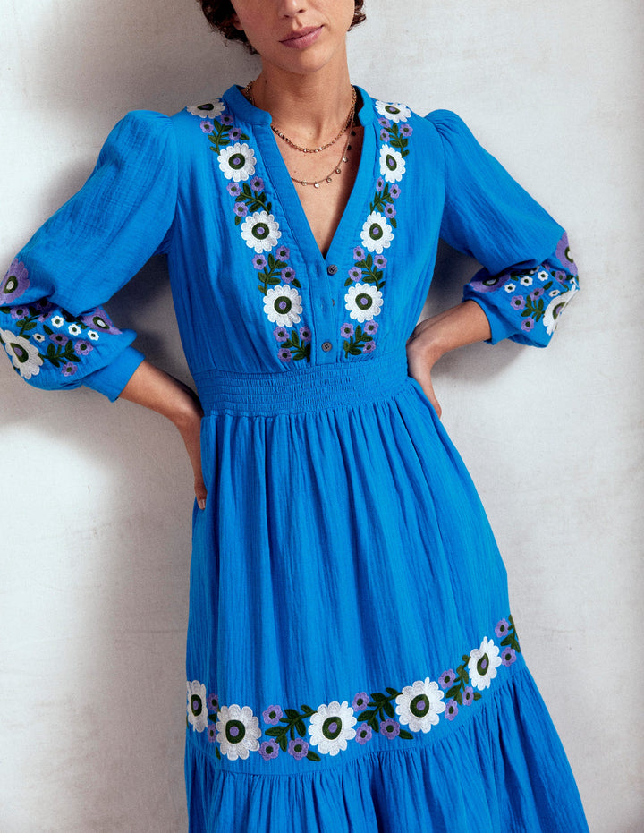 Elena Double Cloth Midi Dress-Blue Embroidery