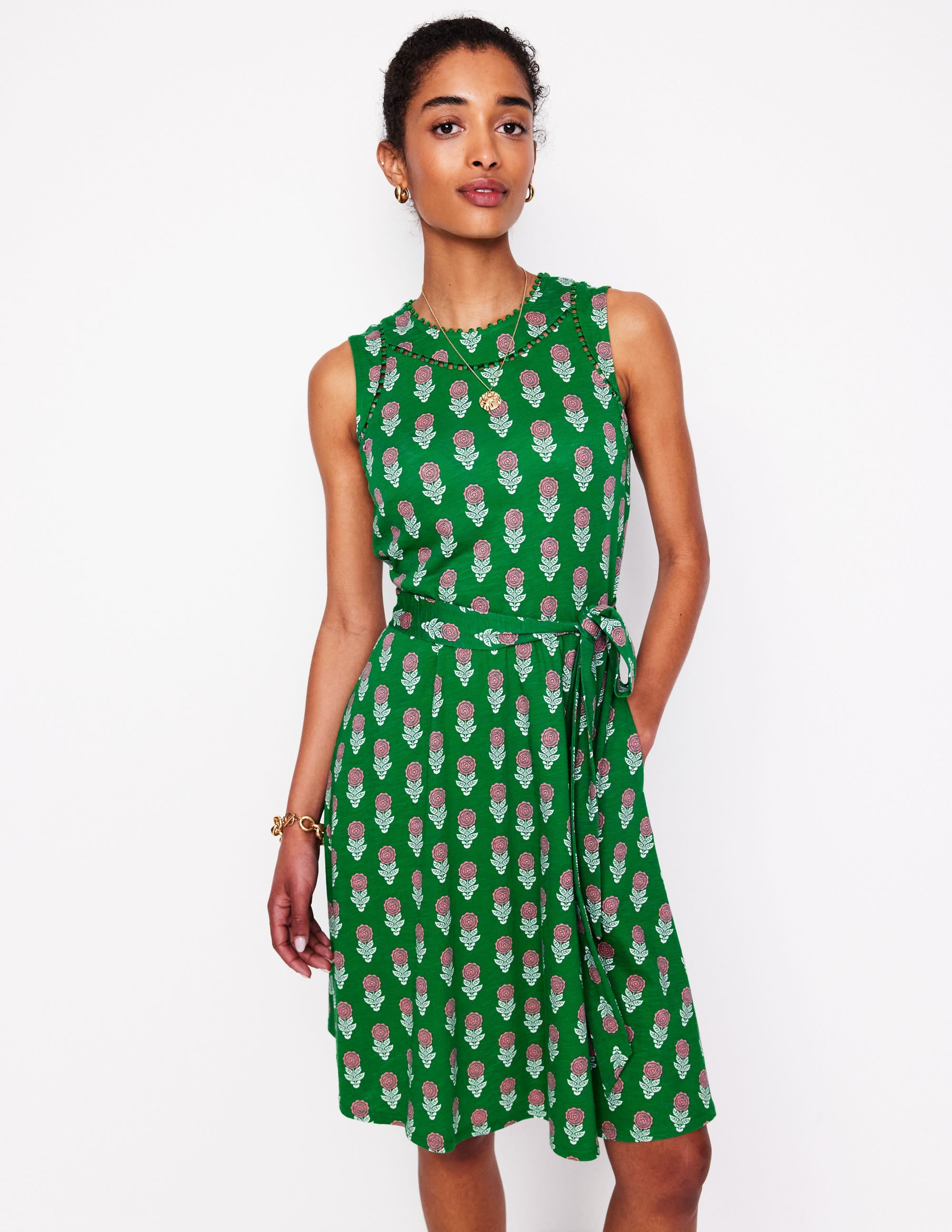 Mila Trim Short Jersey Dress-Rich Emerald, Dahlia Sprig - Image 1