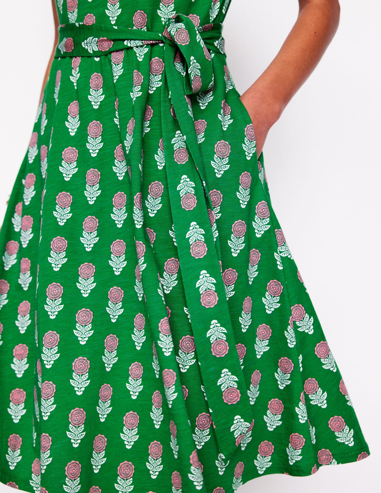 Mila Trim Short Jersey Dress-Rich Emerald, Dahlia Sprig