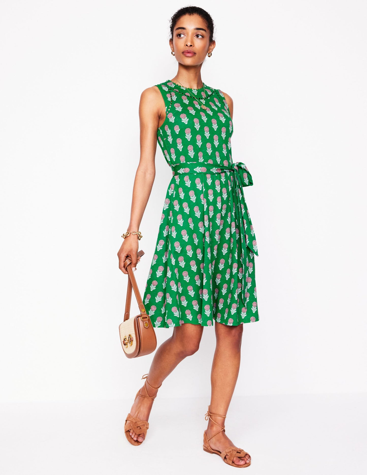 Mila Trim Short Jersey Dress-Rich Emerald, Dahlia Sprig