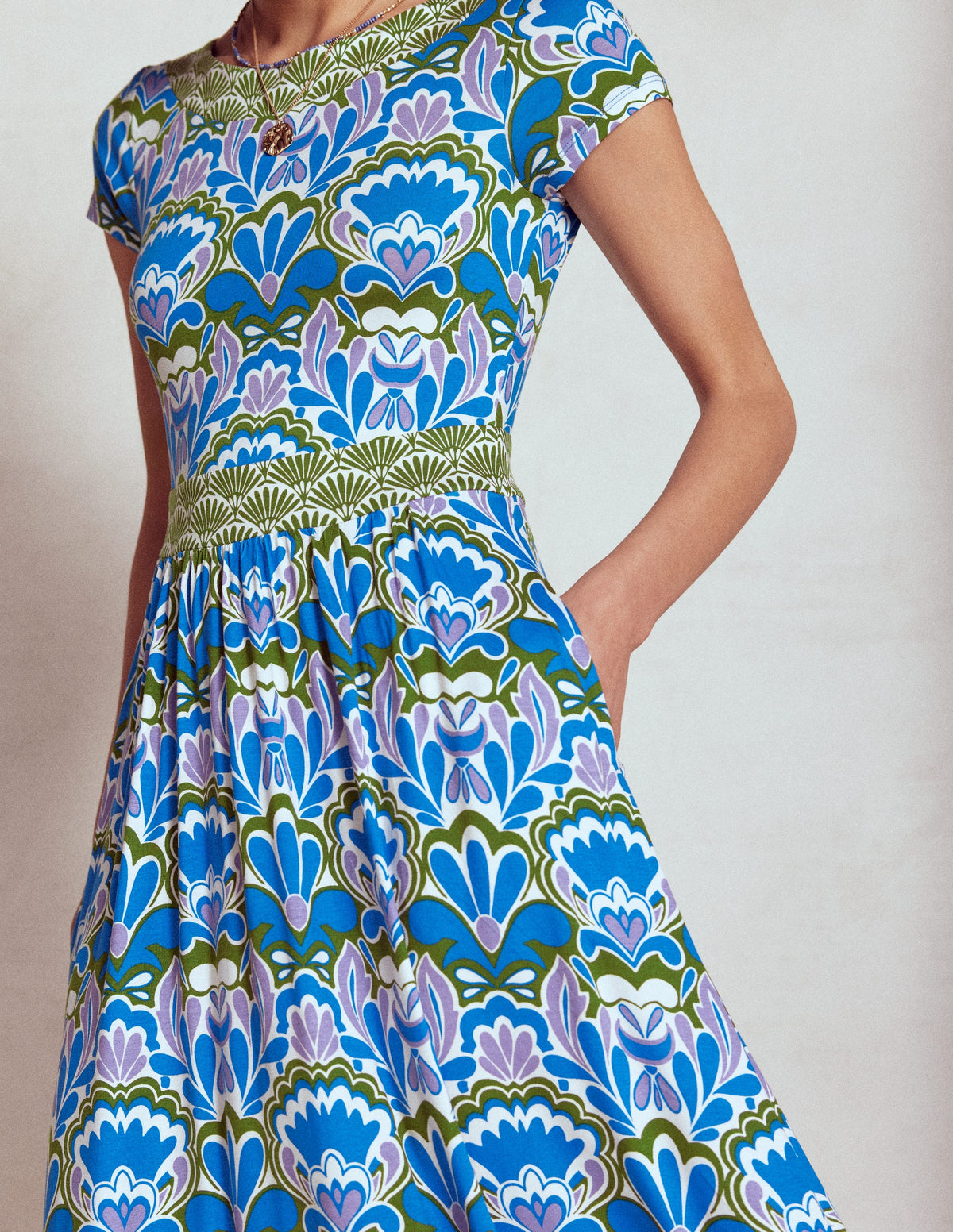 Melanie Jersey Midi Dress-Kingfisher Blue, Freesia Stamp - Image 3
