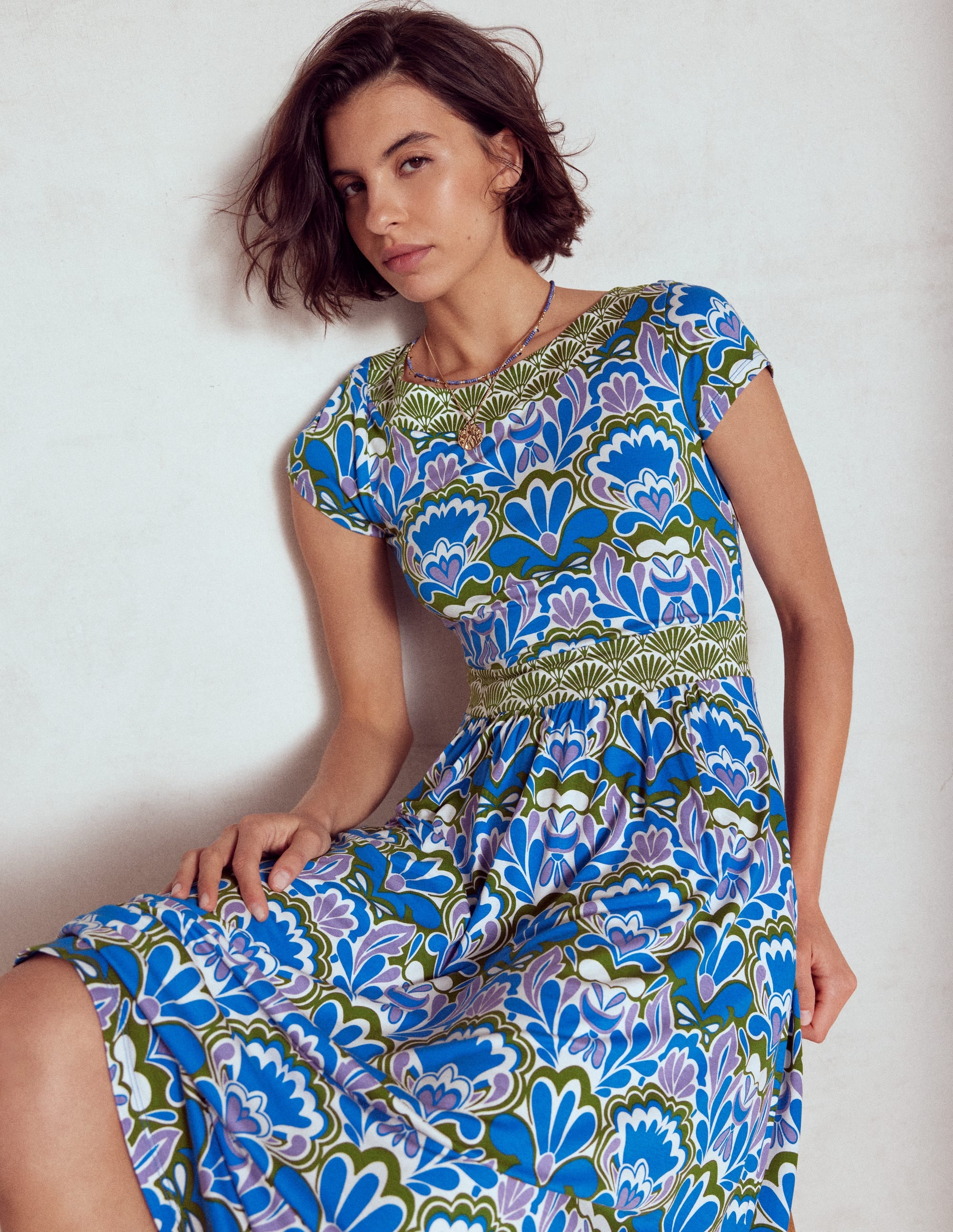 Melanie Jersey Midi Dress-Kingfisher Blue, Freesia Stamp - Image 2