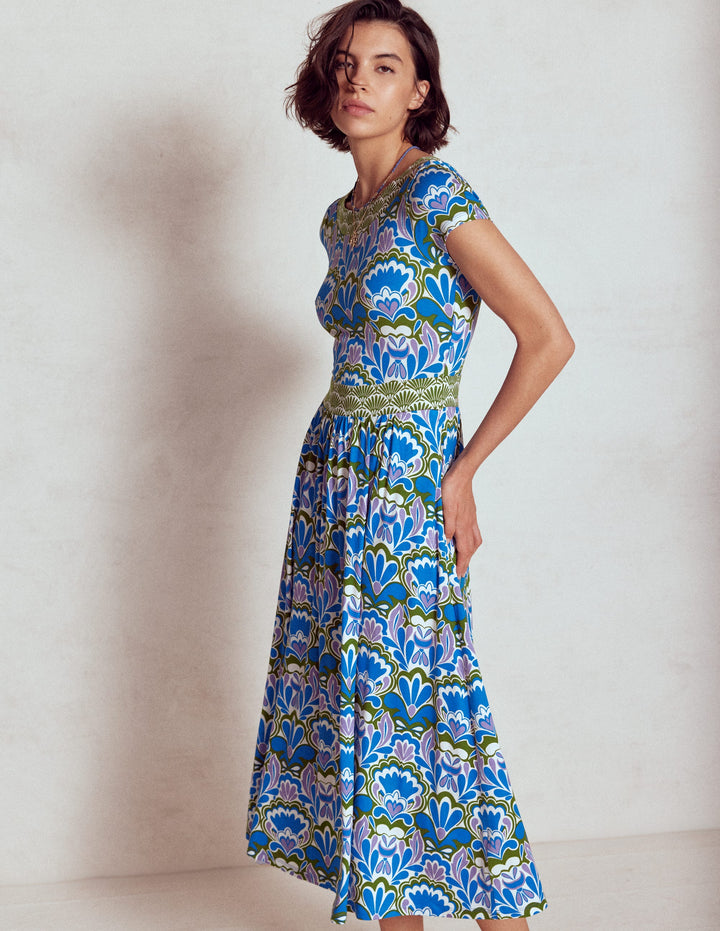 Melanie Jersey Midi Dress-Kingfisher Blue, Freesia Stamp