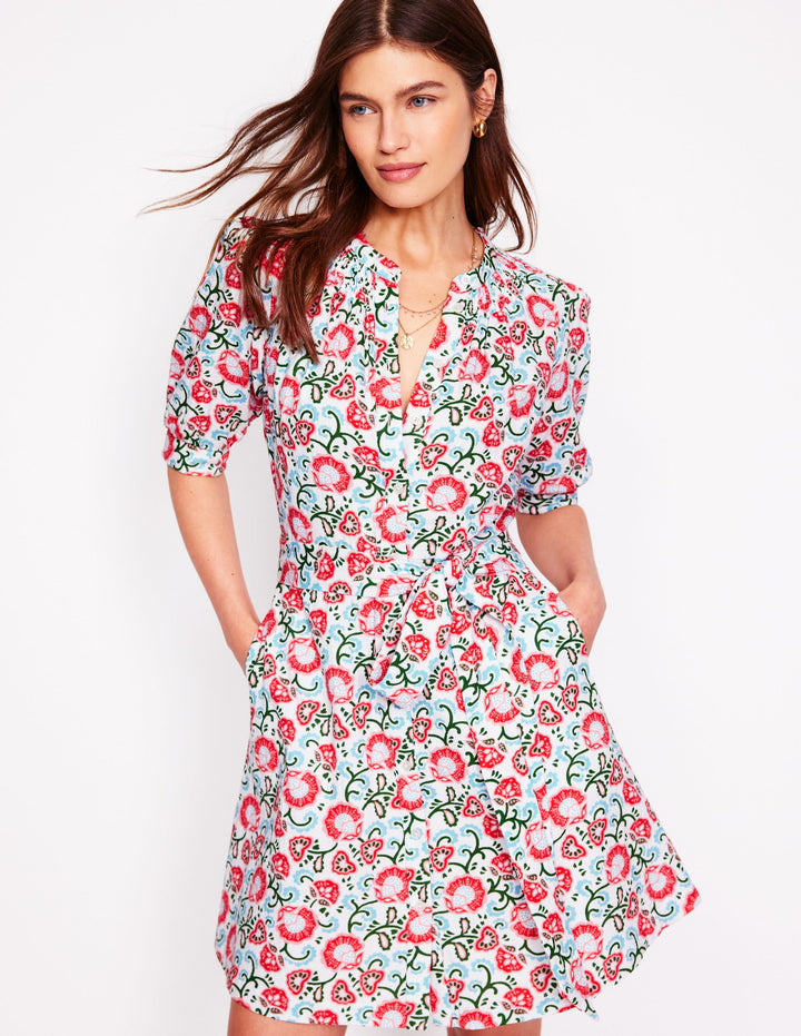 Ada Double Cloth Short Dress-Ivory, Garden Vine