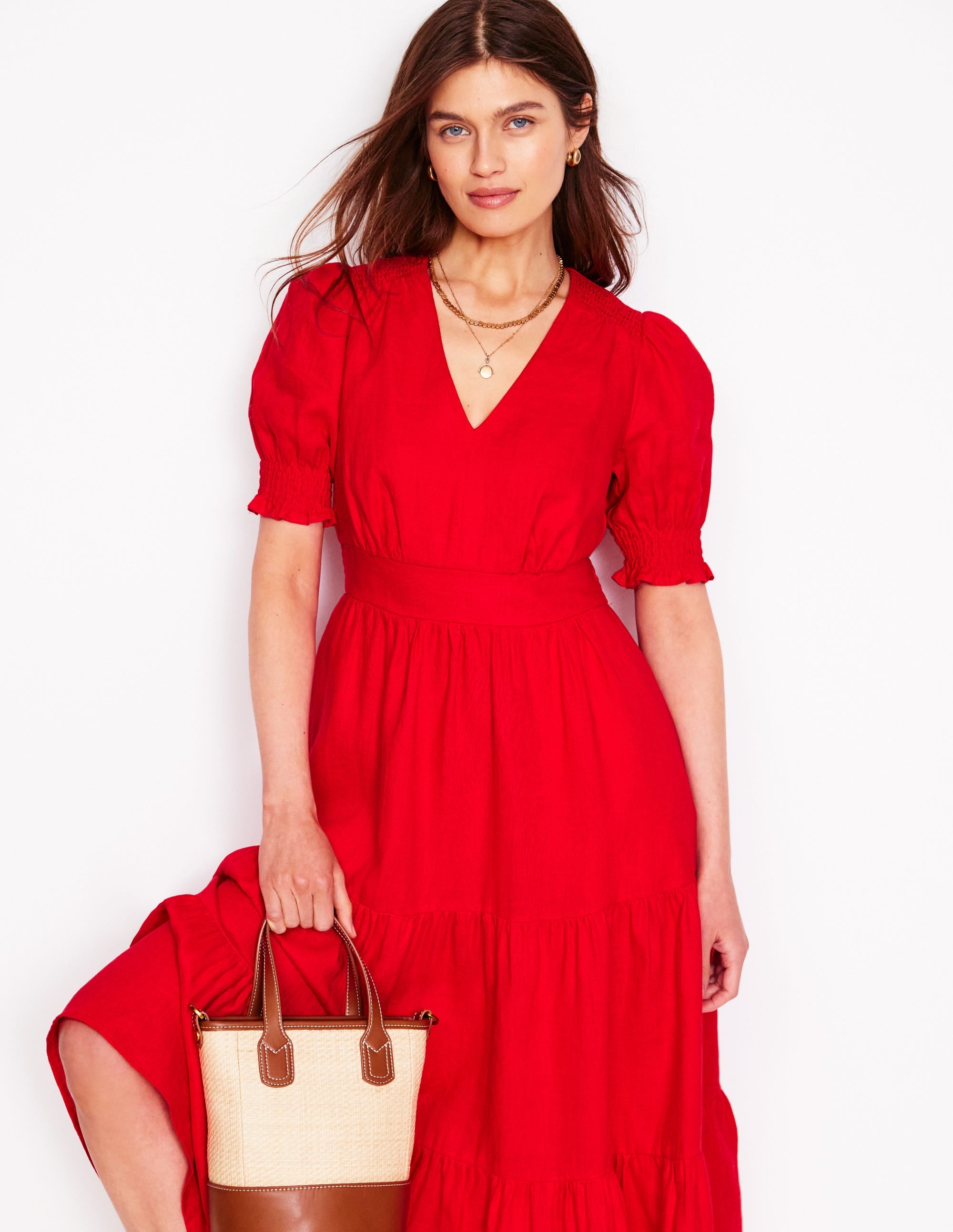 Anna Linen Tiered Midi Dress-Poppy Red - Image 1