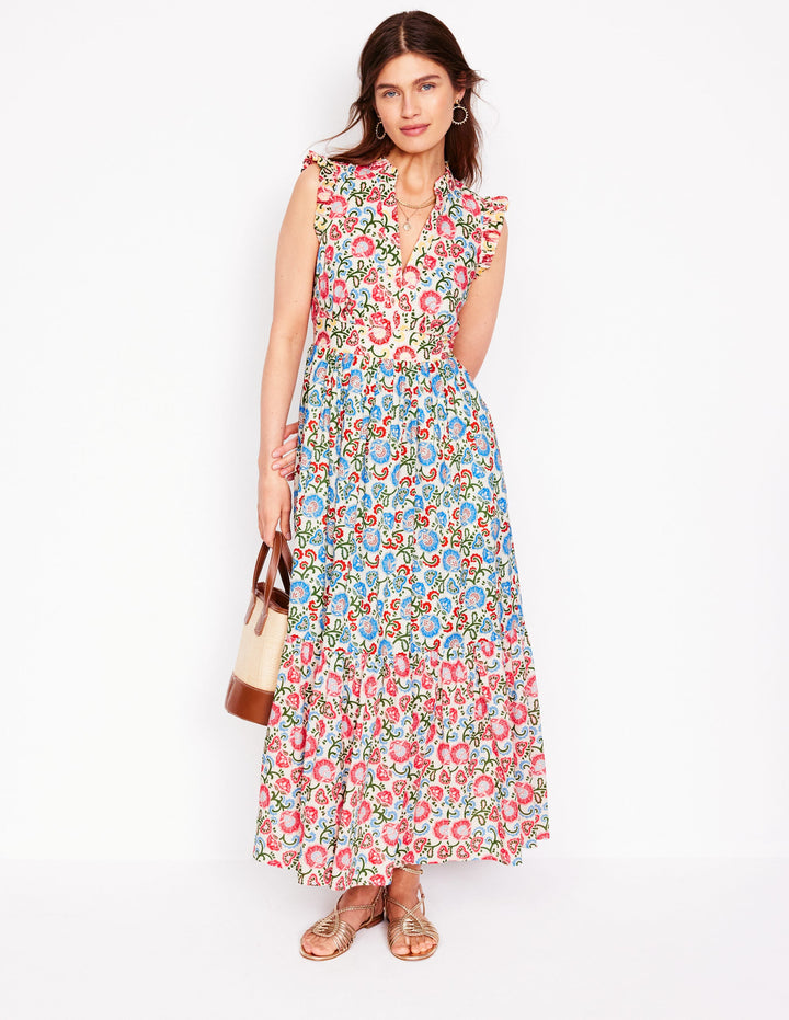 Wren Tiered Midi Dress-Ivory, Garden Vine