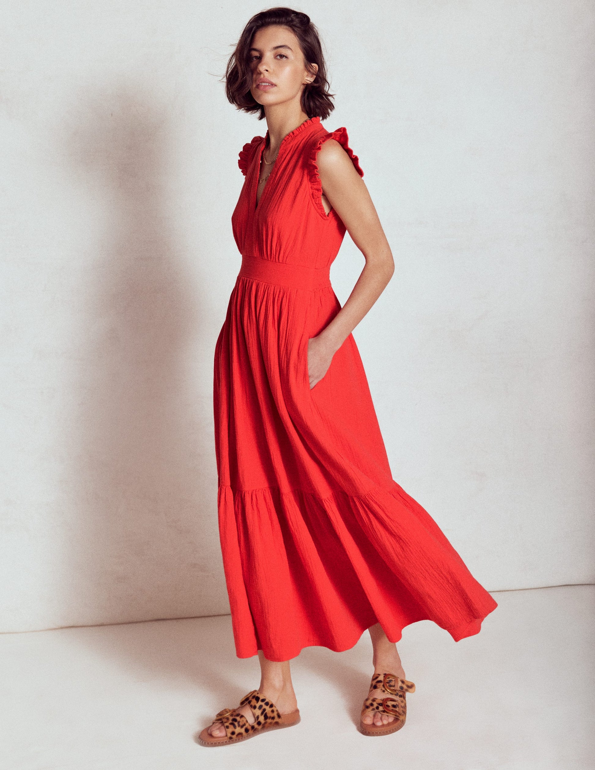 Wren Double Cloth Midi Dress-Strawberry Tart Red-4