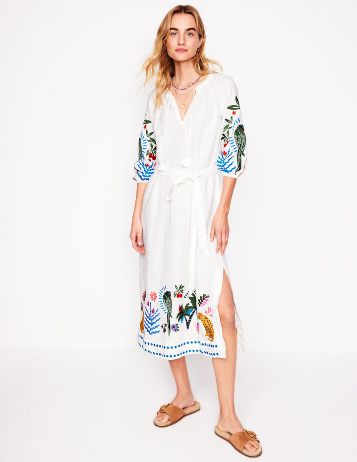 Embroidered Linen Tassel Dress-Ivory