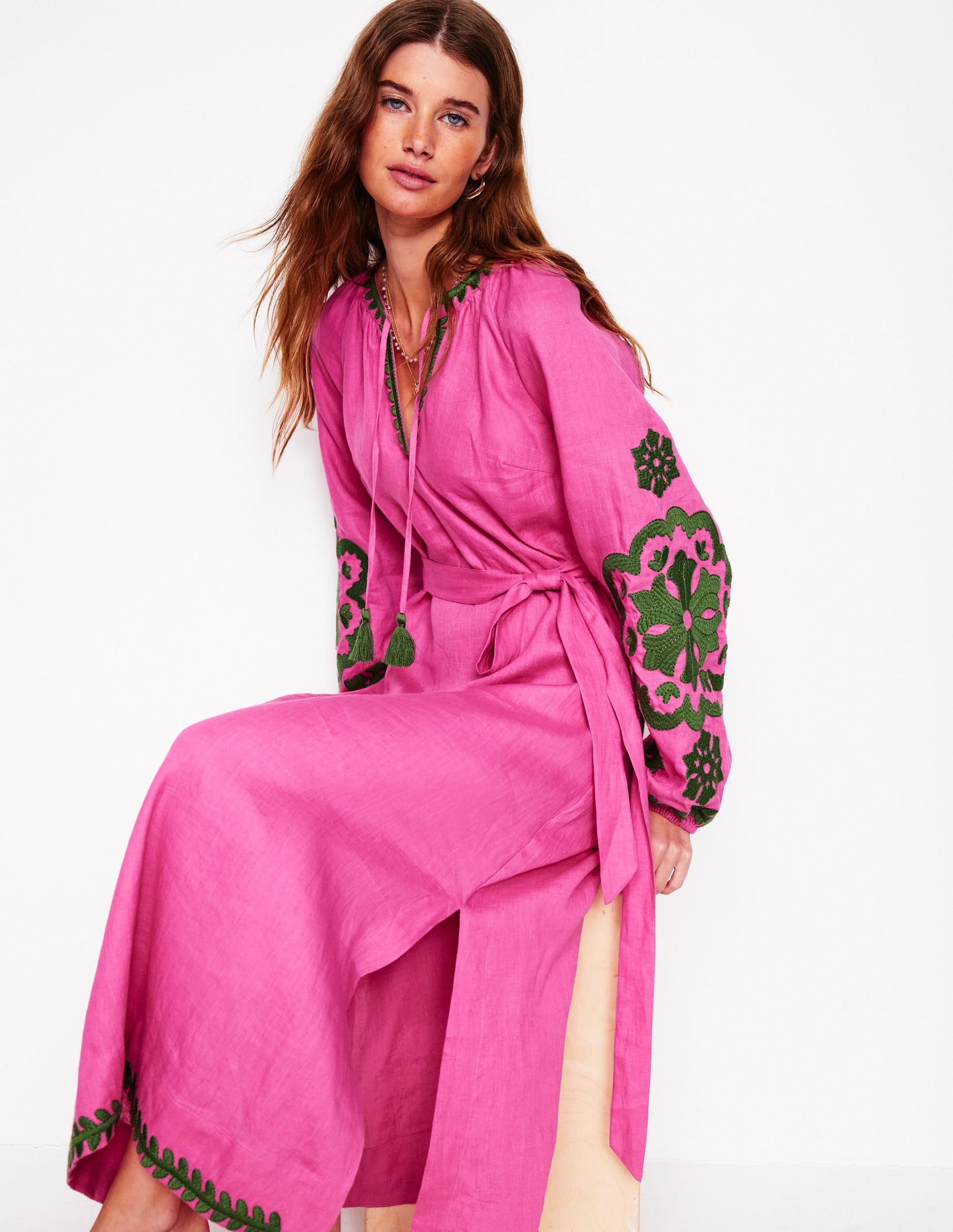 Embroidered Linen Tassel Dress-Sorbet Pink Boden USA