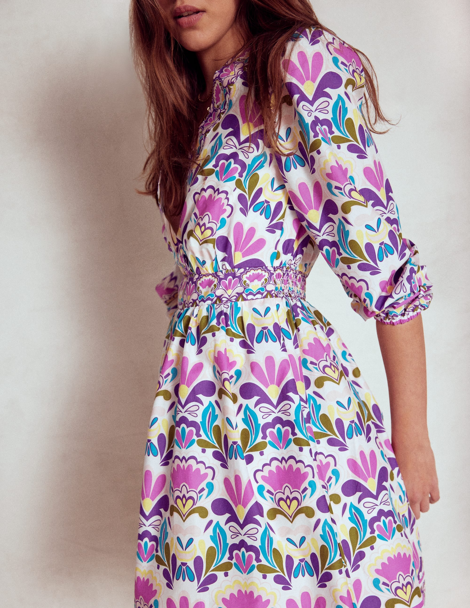 Mya Cotton Short Dress-Royal Purple, Freesia Stamp - Image 2