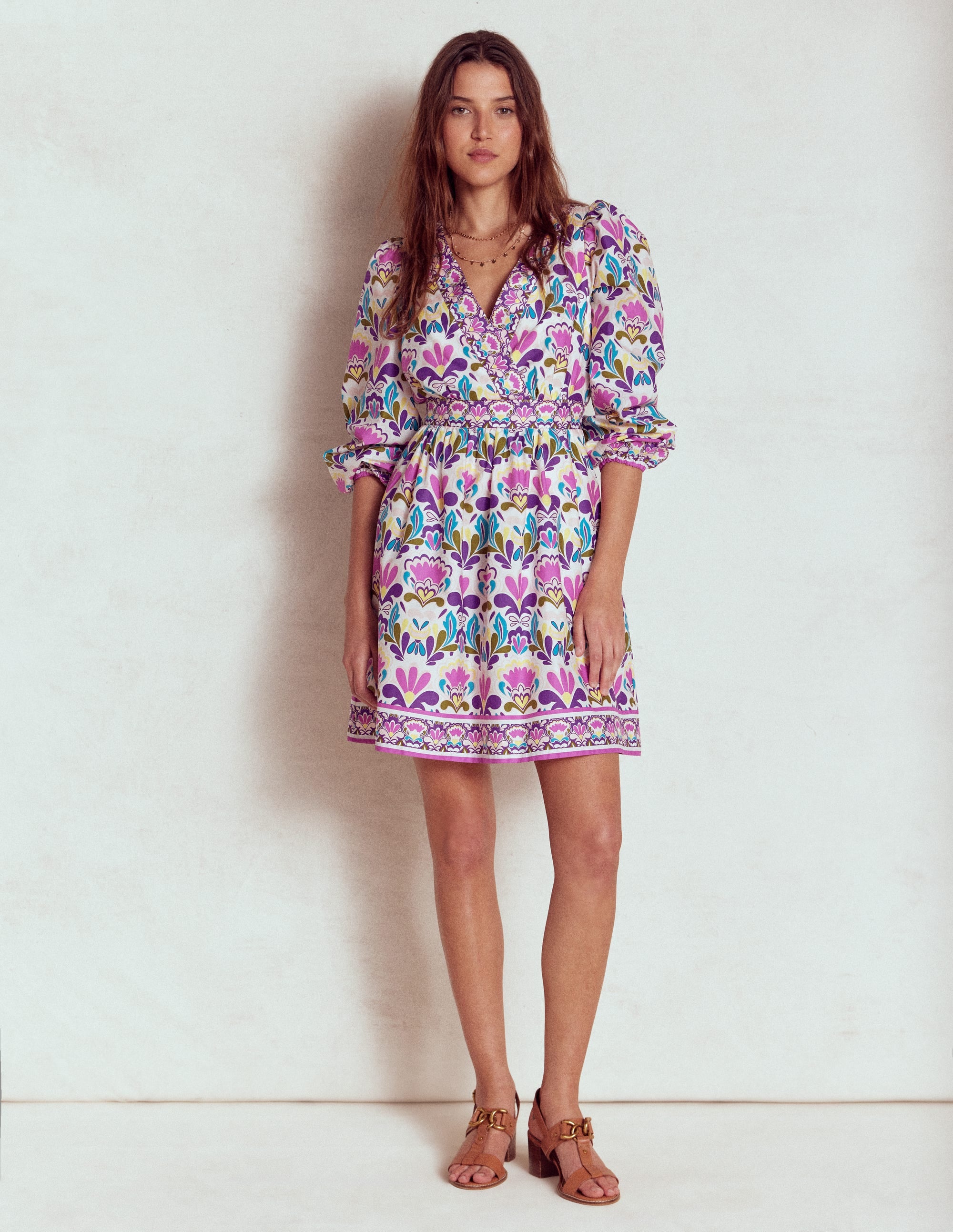 Mya Cotton Short Dress-Royal Purple, Freesia Stamp - Image 1
