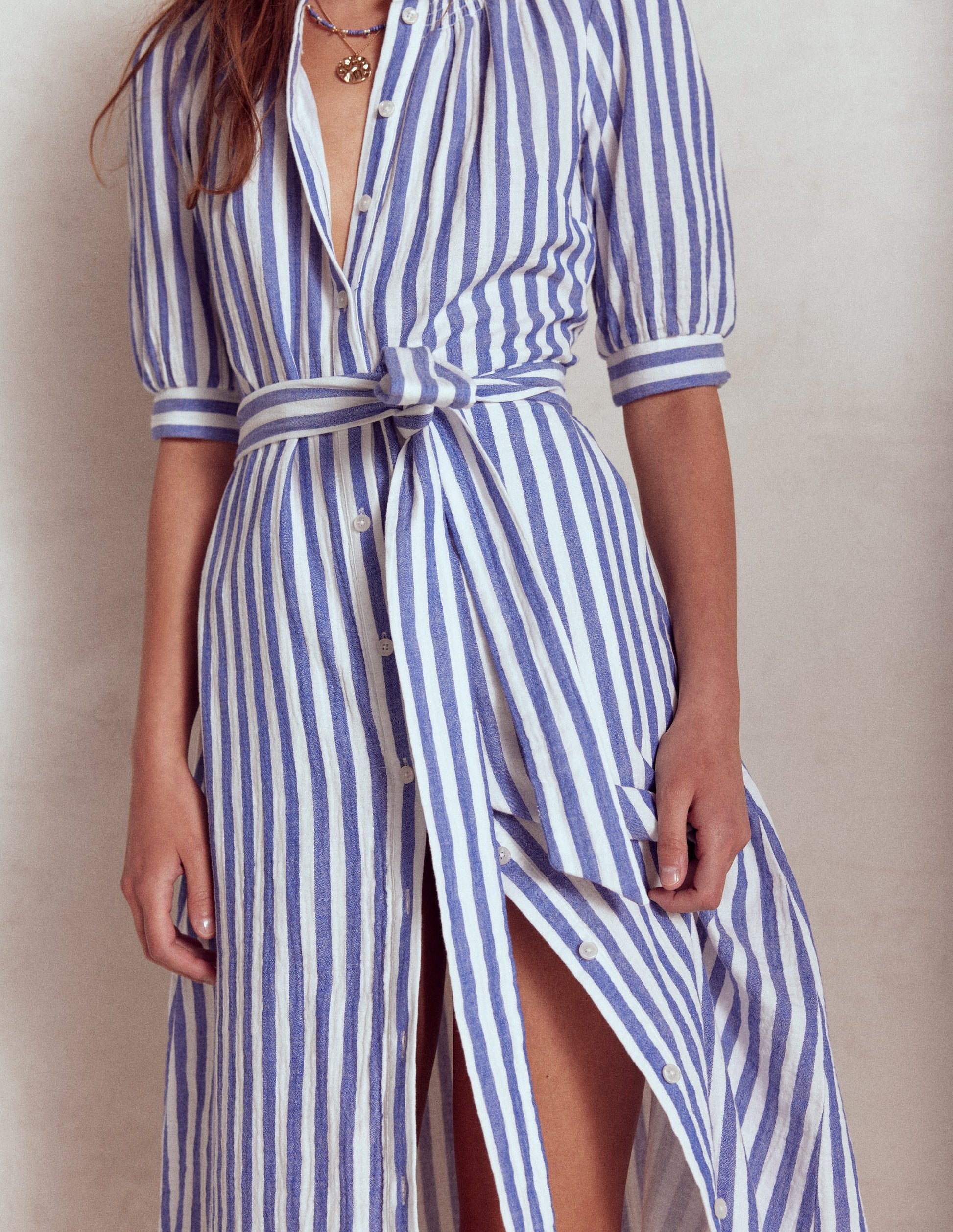 Ada Double Cloth Midi Dress-Bright Blue Stripe-3