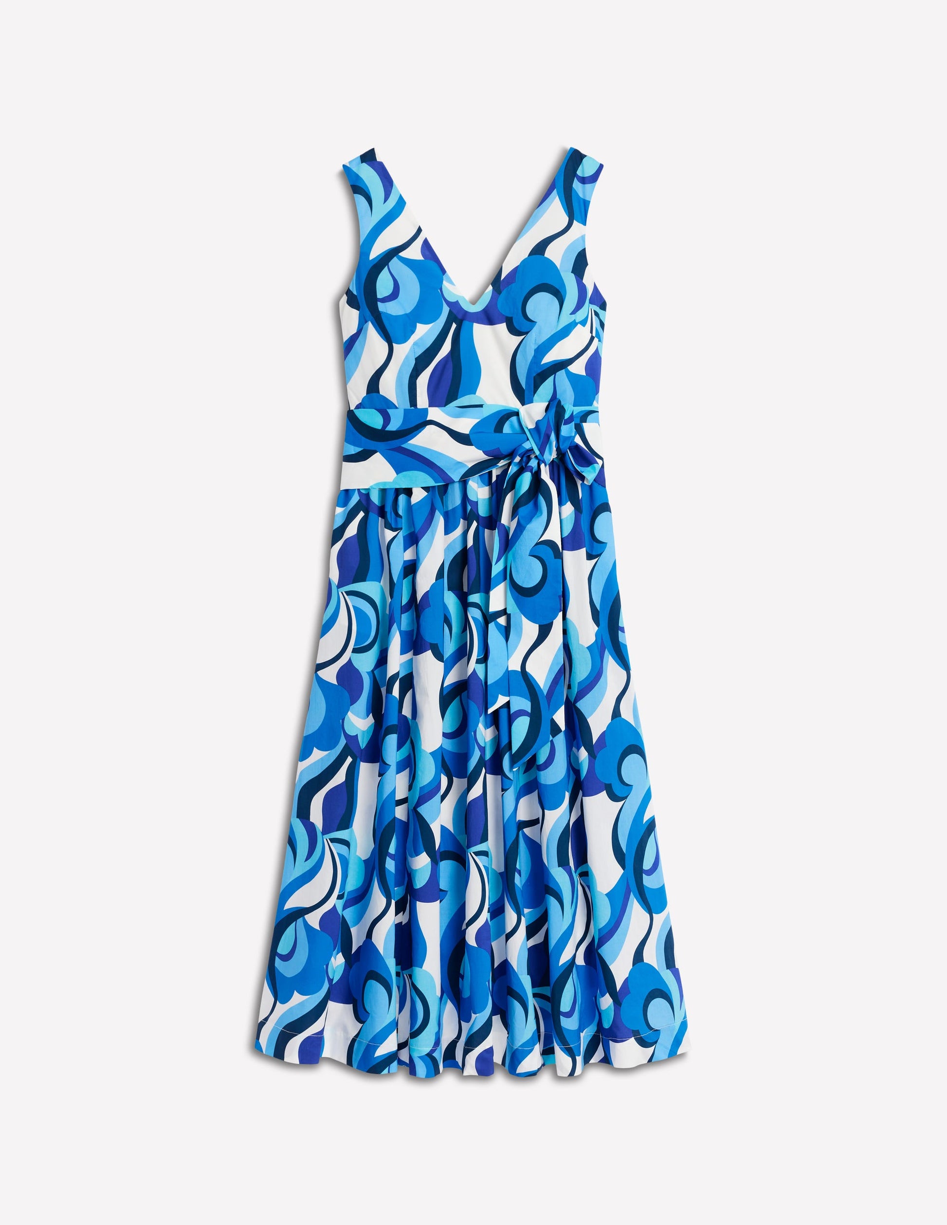 V-Neck Belted Flare Dress-Blue, Abstract Swirl-6