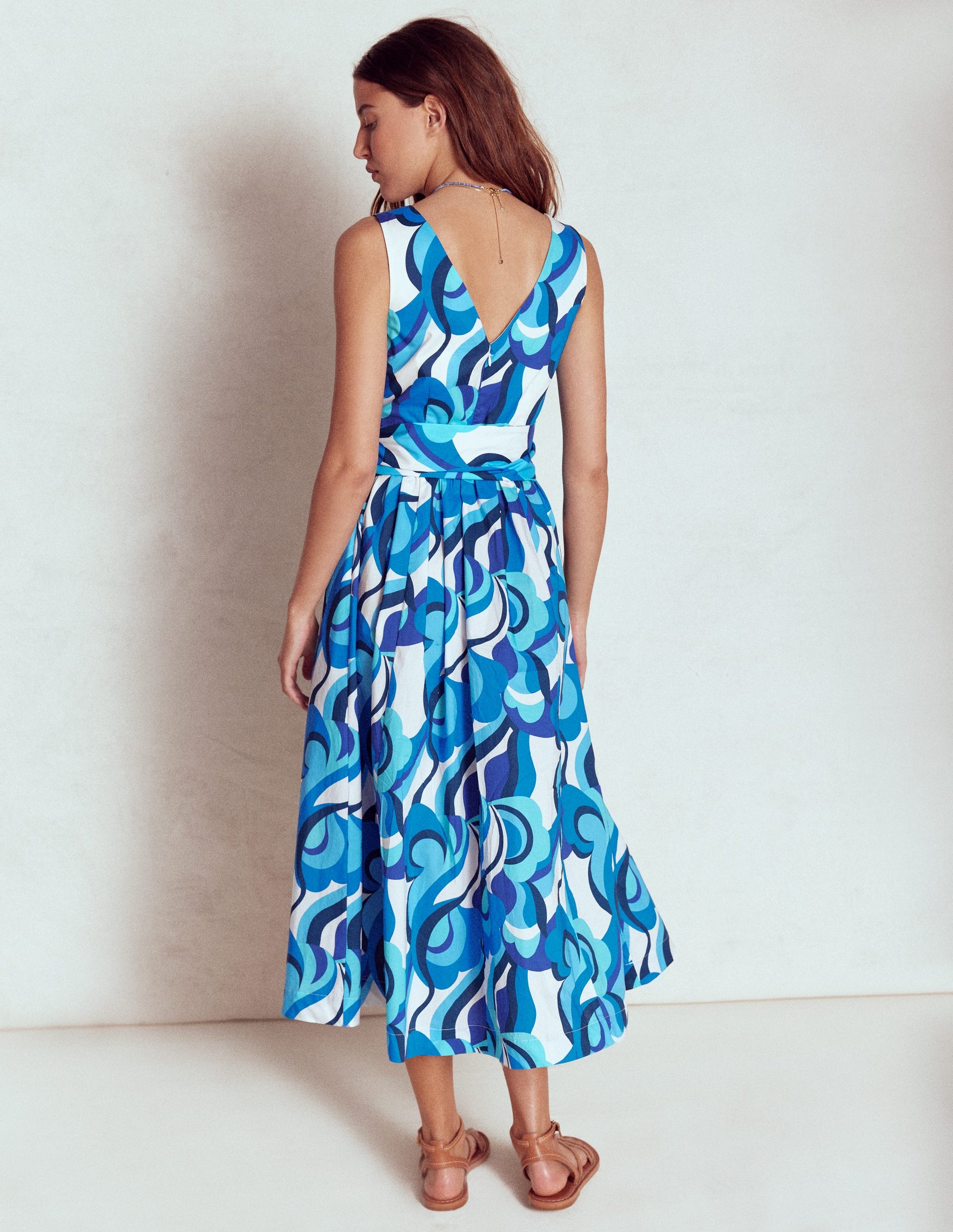 V-Neck Belted Flare Dress-Blue, Abstract Swirl-4