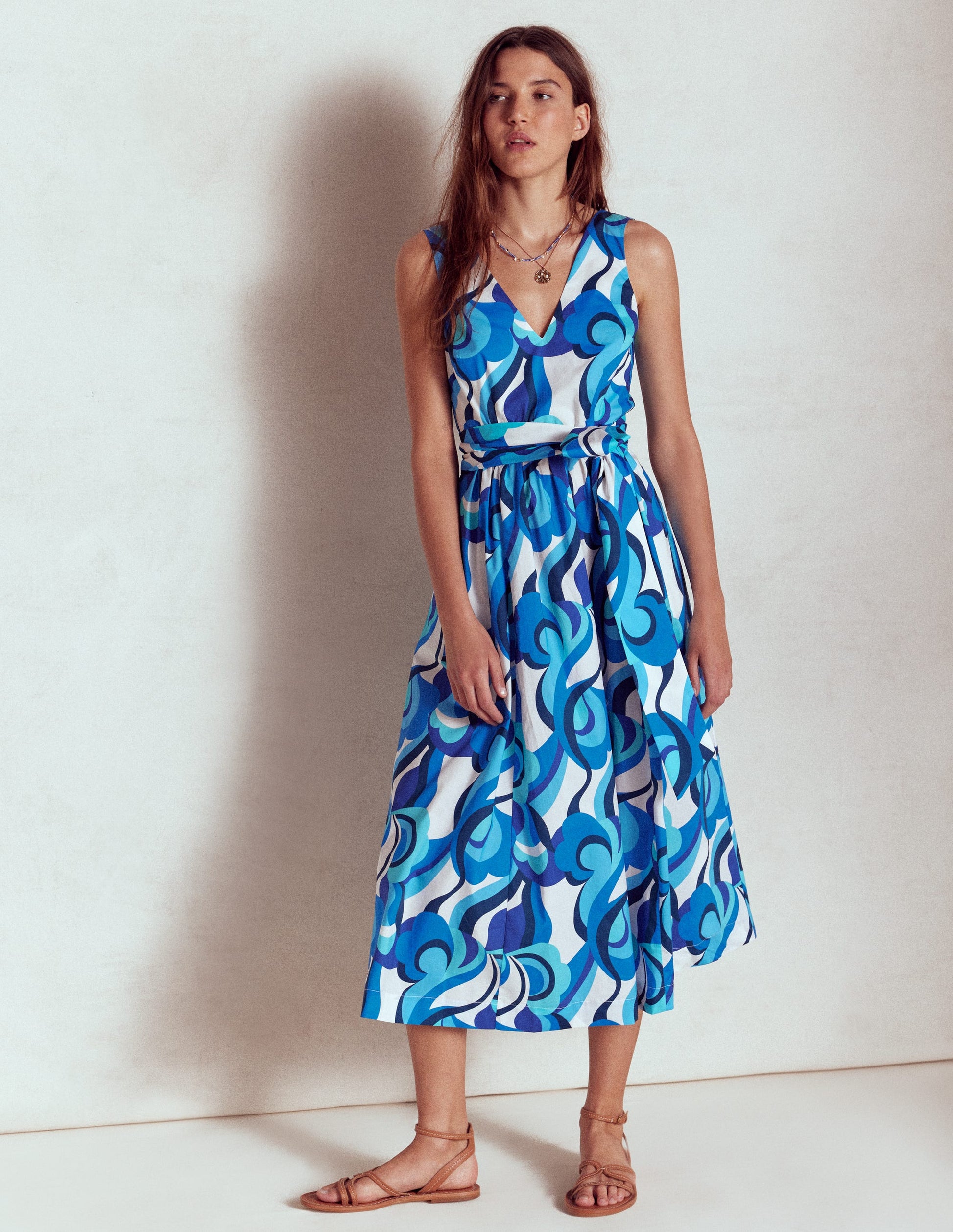 V-Neck Belted Flare Dress-Blue, Abstract Swirl-5