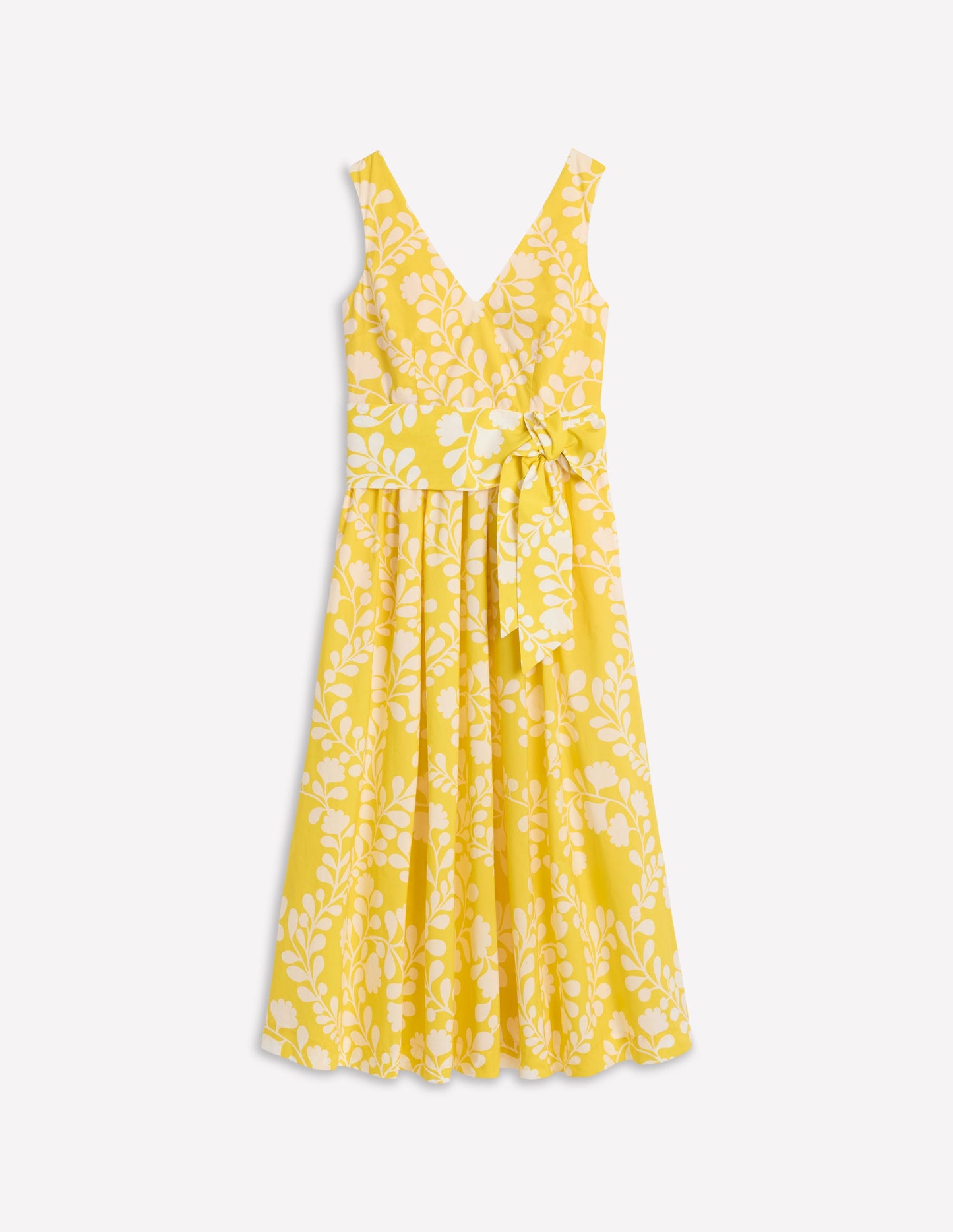V-Neck Belted Flare Dress-Yellow, Vine Silhouette