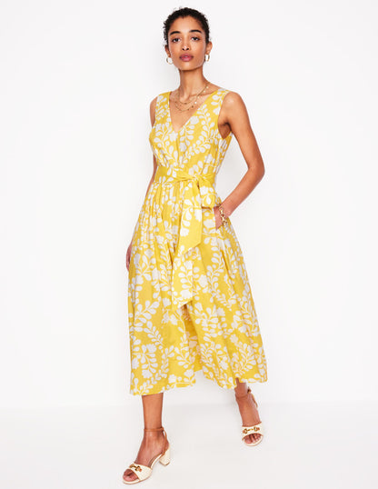 V-Neck Belted Flare Dress-Yellow, Vine Silhouette-1