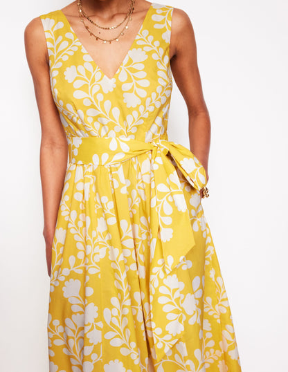 V-Neck Belted Flare Dress-Yellow, Vine Silhouette-2