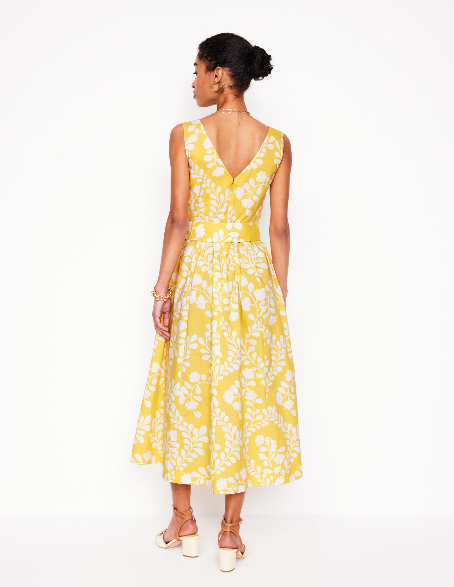 V-Neck Belted Flare Dress-Yellow, Vine Silhouette