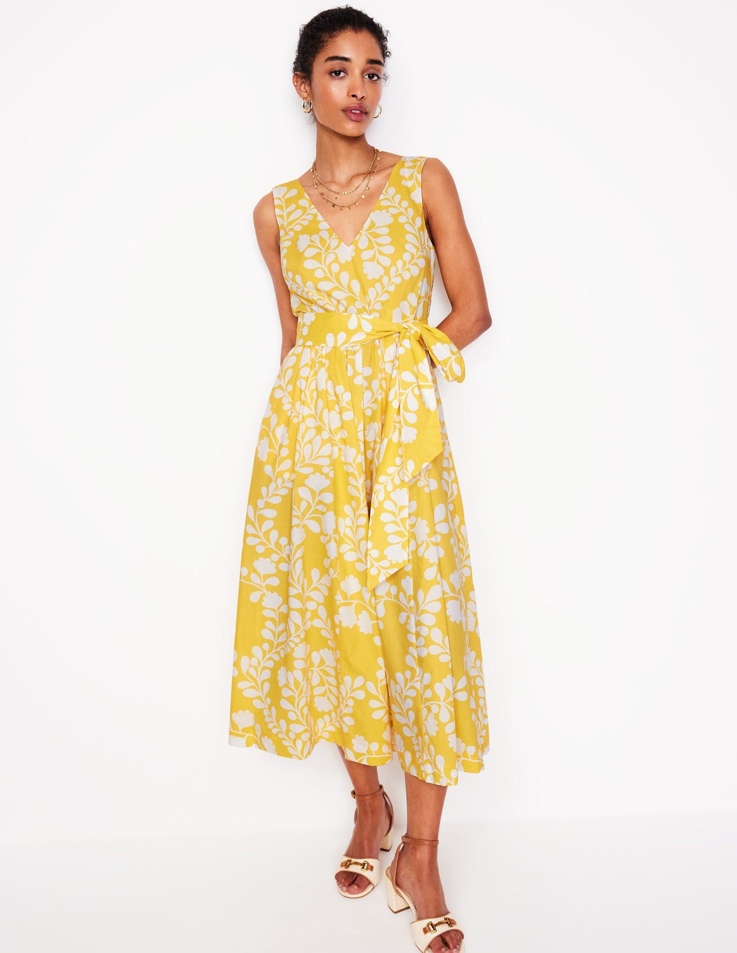 V-Neck Belted Flare Dress-Yellow, Vine Silhouette