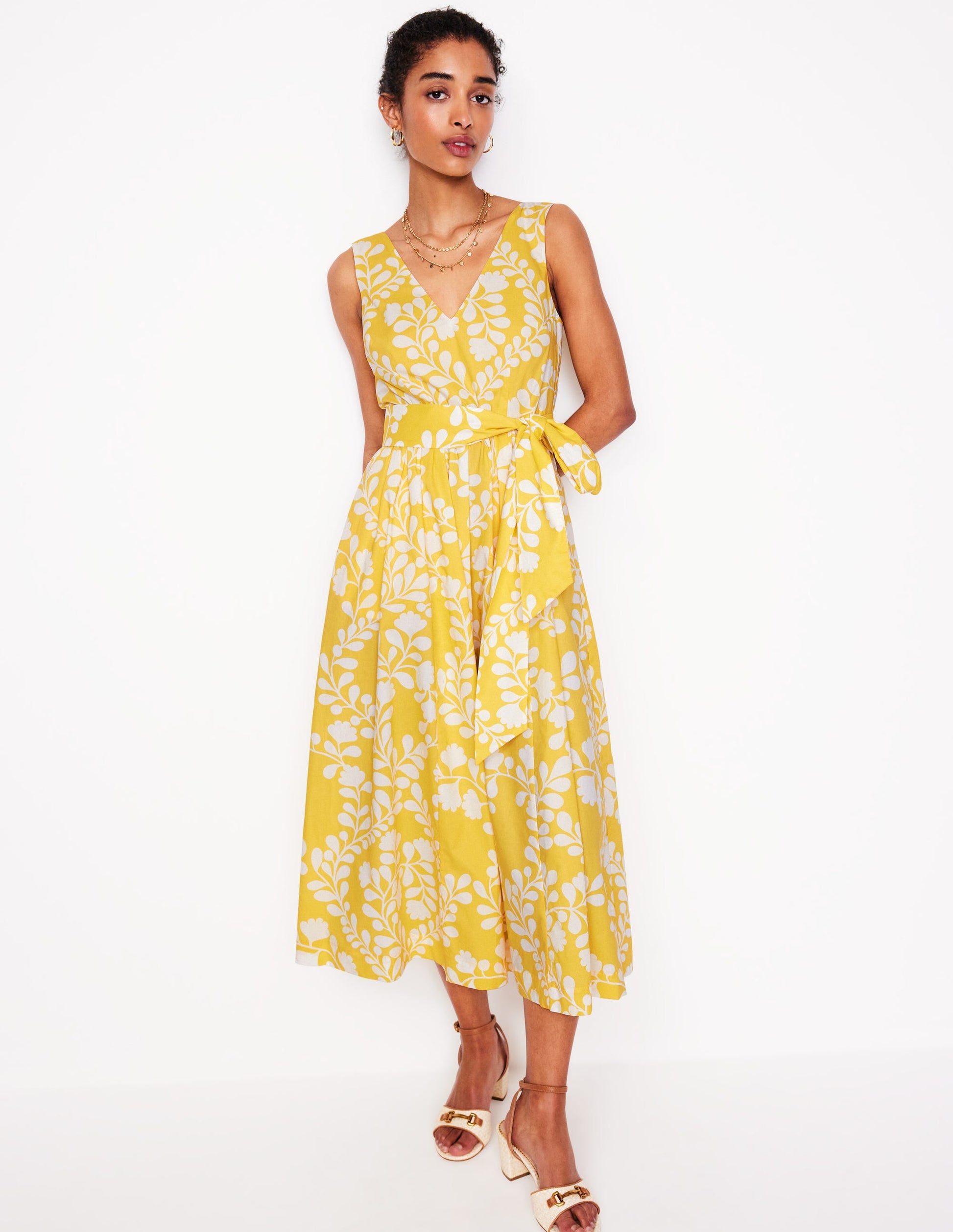 V-Neck Belted Flare Dress-Yellow, Vine Silhouette-4