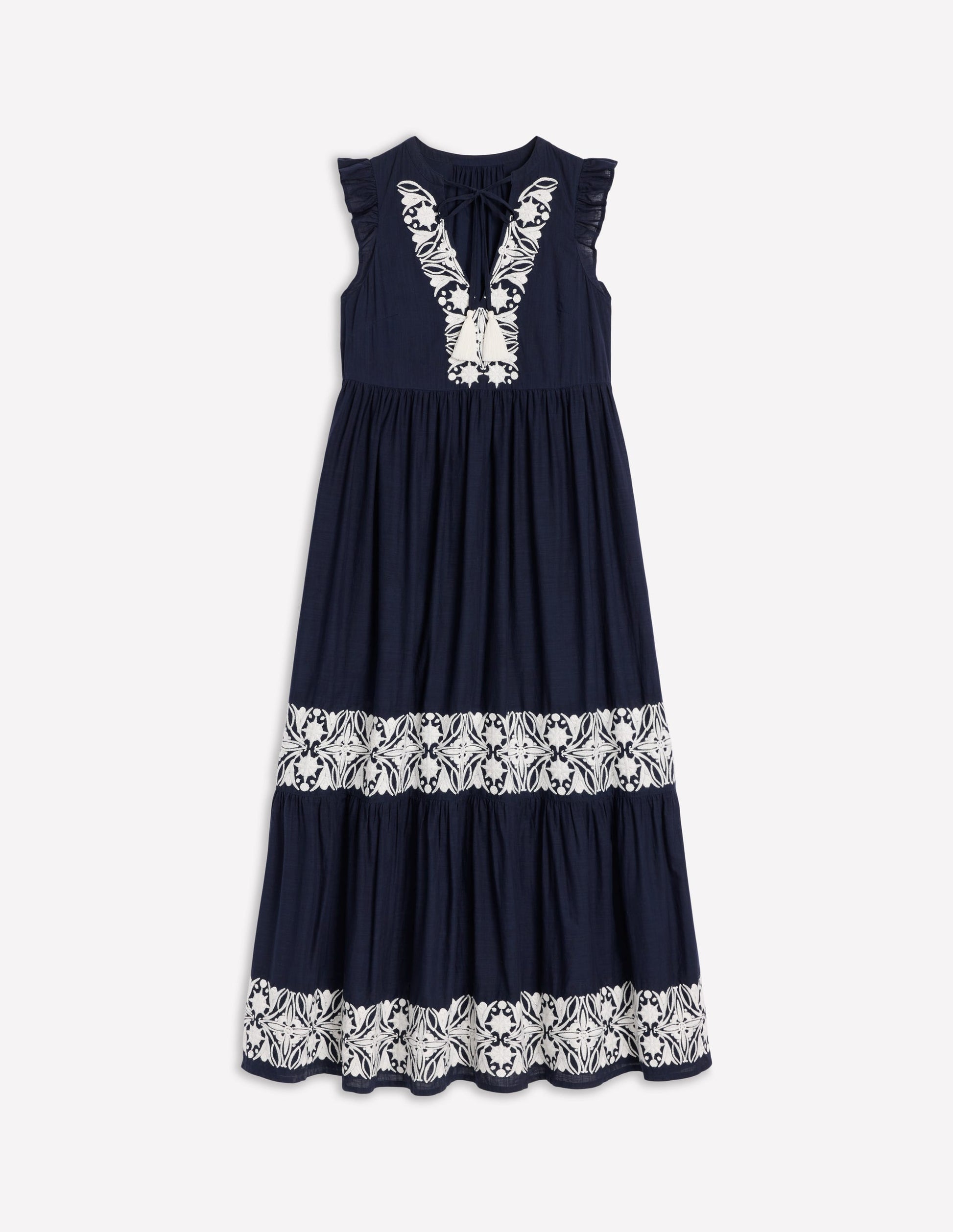 Tie Neck Tier Dress-Navy | Boden USA Tie Neck Tier Dress-Navy | Boden USA