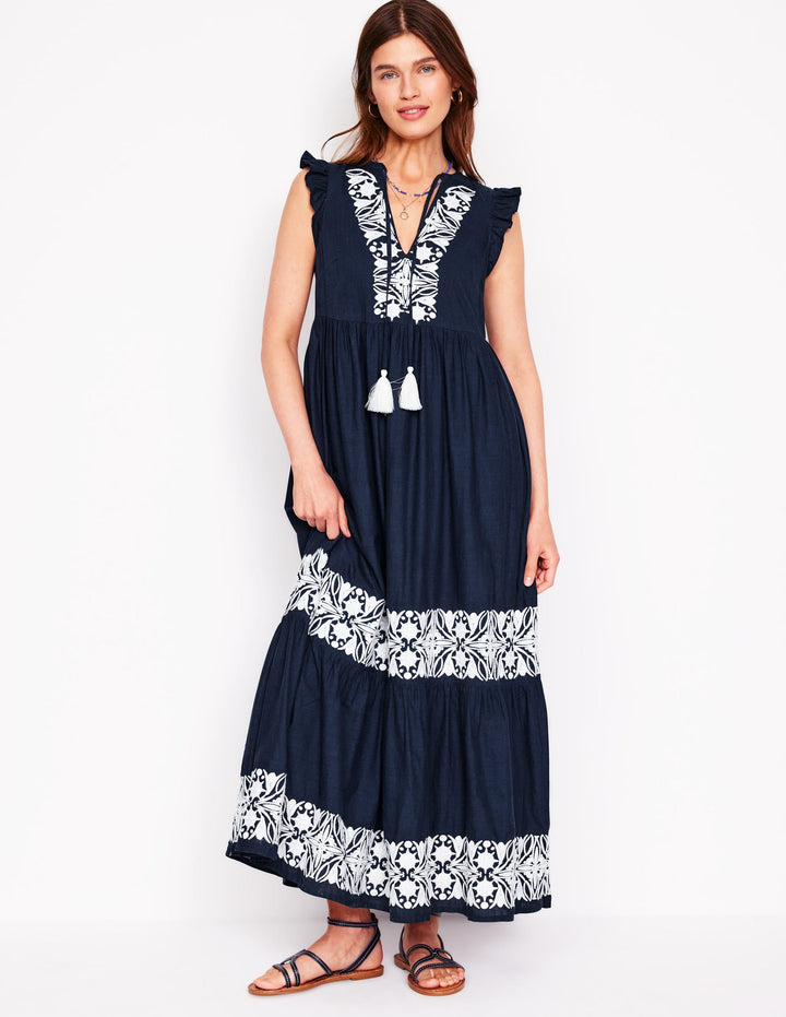 Tie Neck Tier Dress-Navy