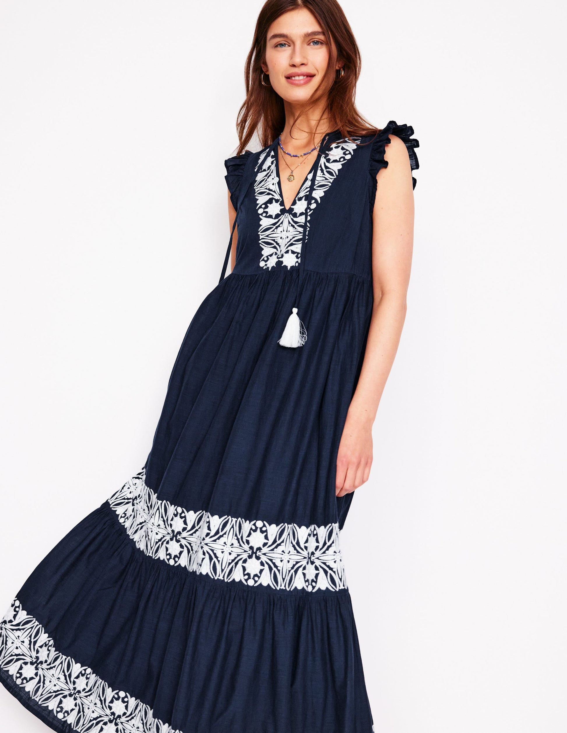 Tie Neck Tier Dress-Navy | Boden USA Tie Neck Tier Dress-Navy | Boden USA