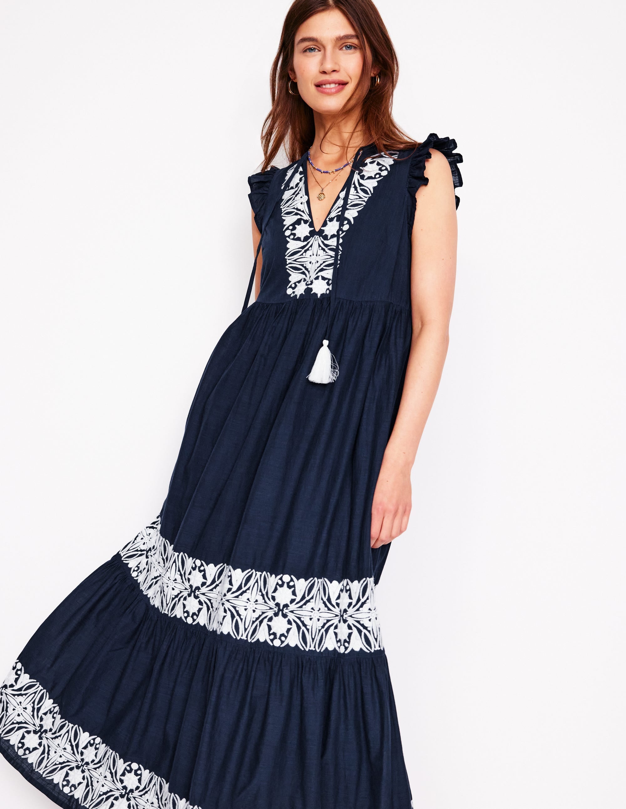 Tie Neck Tier Dress-Navy - Image 4