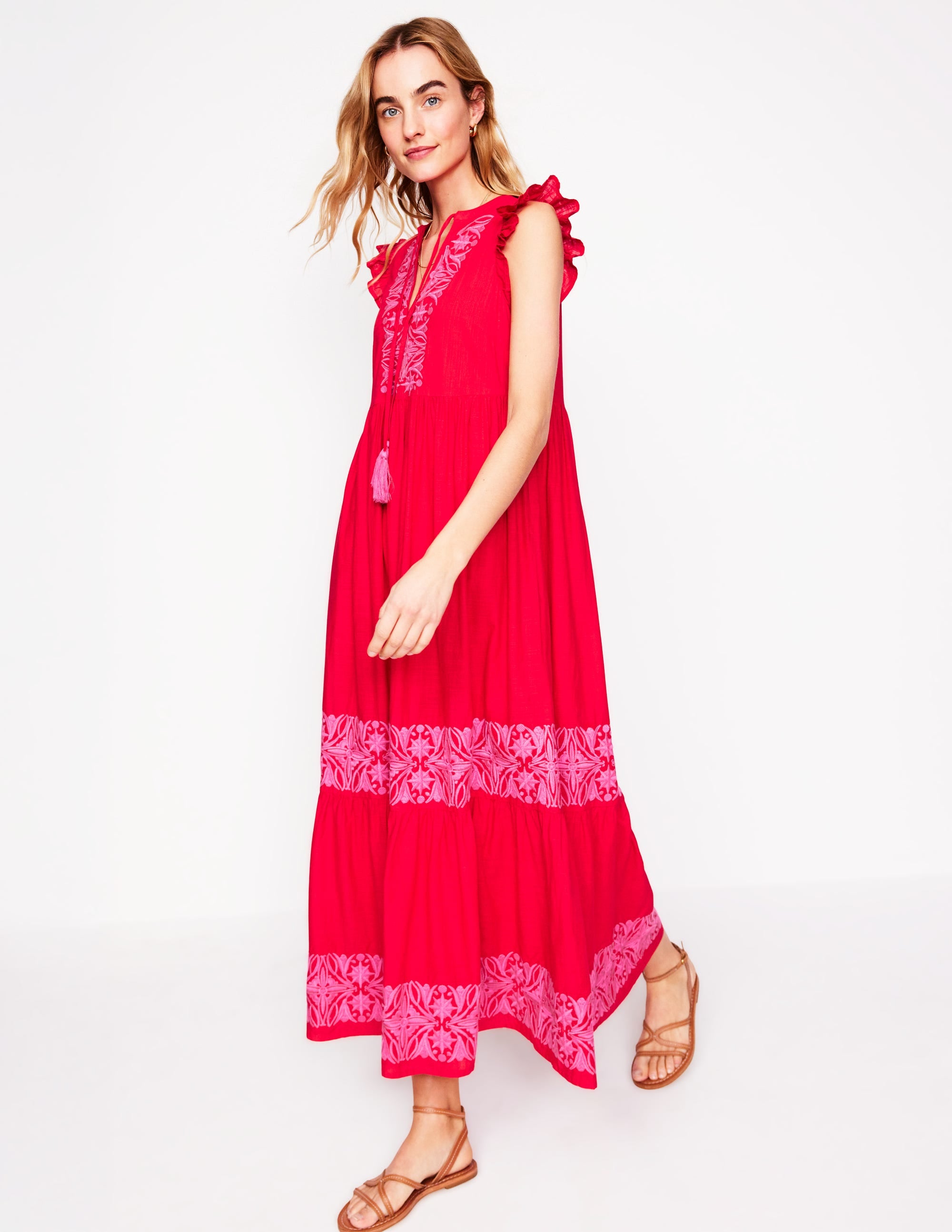 Tie Neck Tier Dress-Poppy Red - Image 1