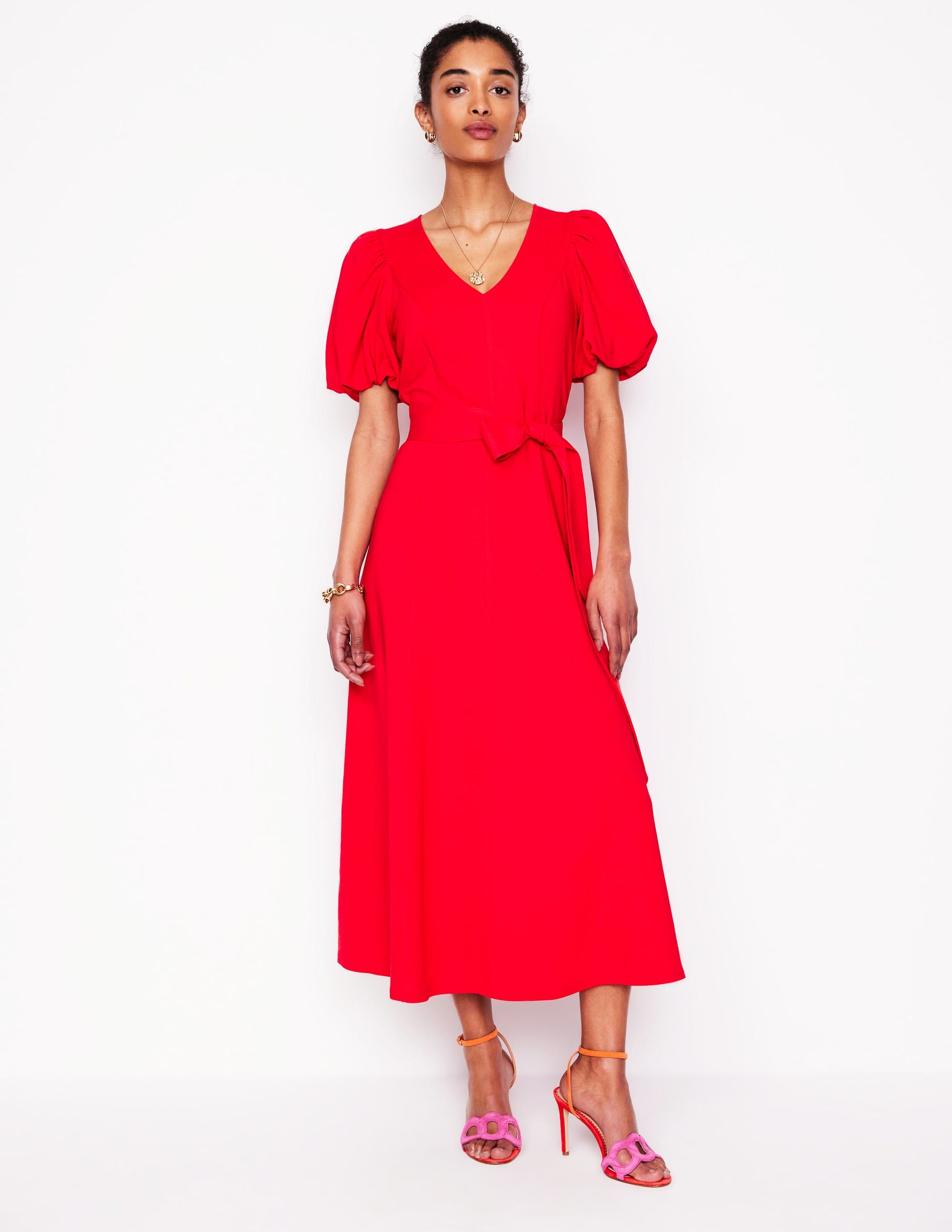 Volume Sleeve Midi Dress-Poppy Red | Boden USA