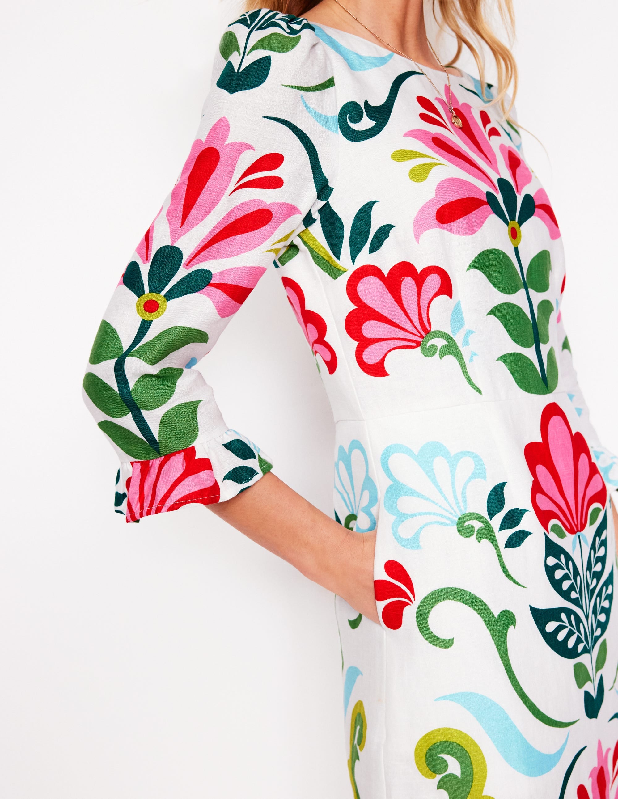 Linen Flute Sleeve Dress-Ivory, Decorative Stems - Image 2