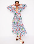 V-Neck Tiered Cotton Kaftan-Ivory, Tropical Bonanza