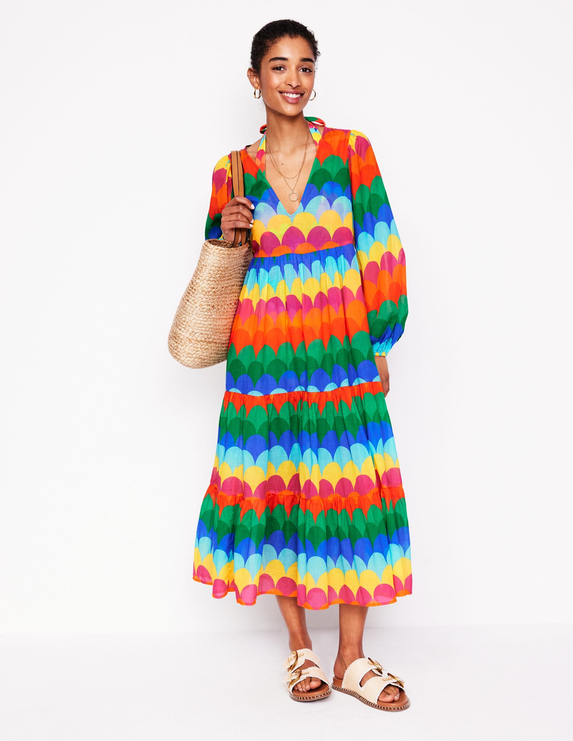 V-Neck Tiered Cotton Kaftan-Multi, Scallop Stripe - Image 1