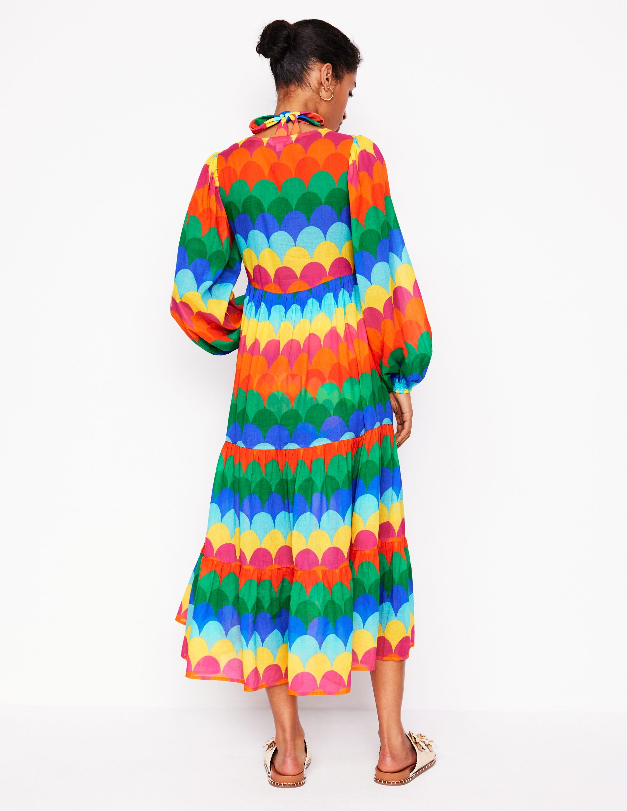 V-Neck Tiered Cotton Kaftan-Multi, Scallop Stripe - Image 4