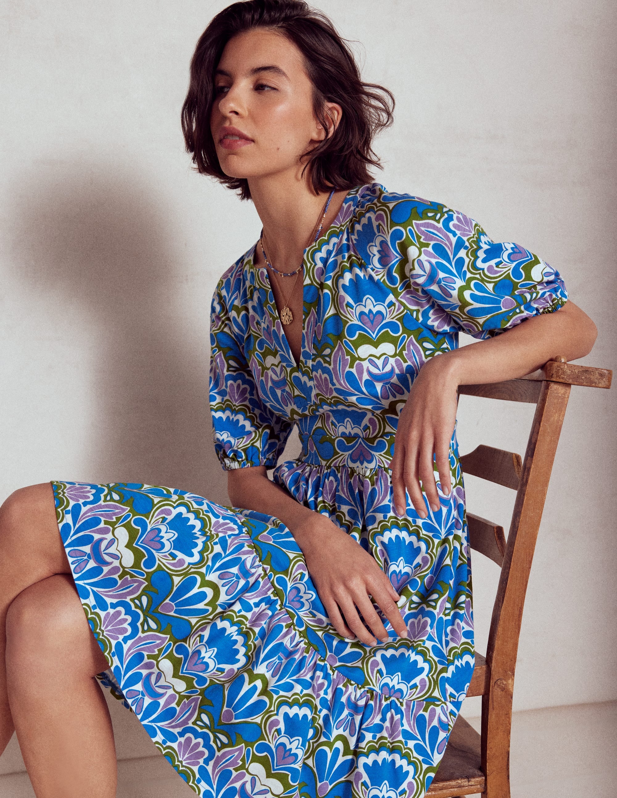 Piper Short Jersey Dress-Kingfisher Blue, Freesia Stamp - Image 2