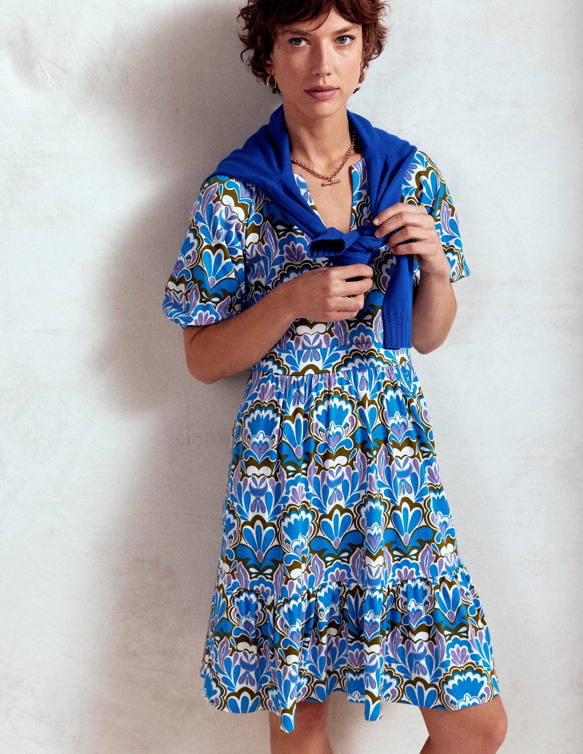 Piper Short Jersey Dress-Kingfisher Blue, Freesia Stamp - Image 1
