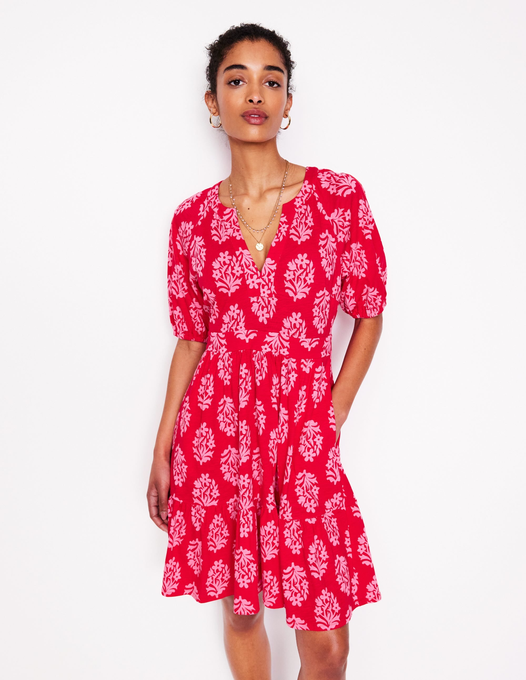 Piper Short Jersey Dress-Poppy Red, Posy Stamp - Image 1