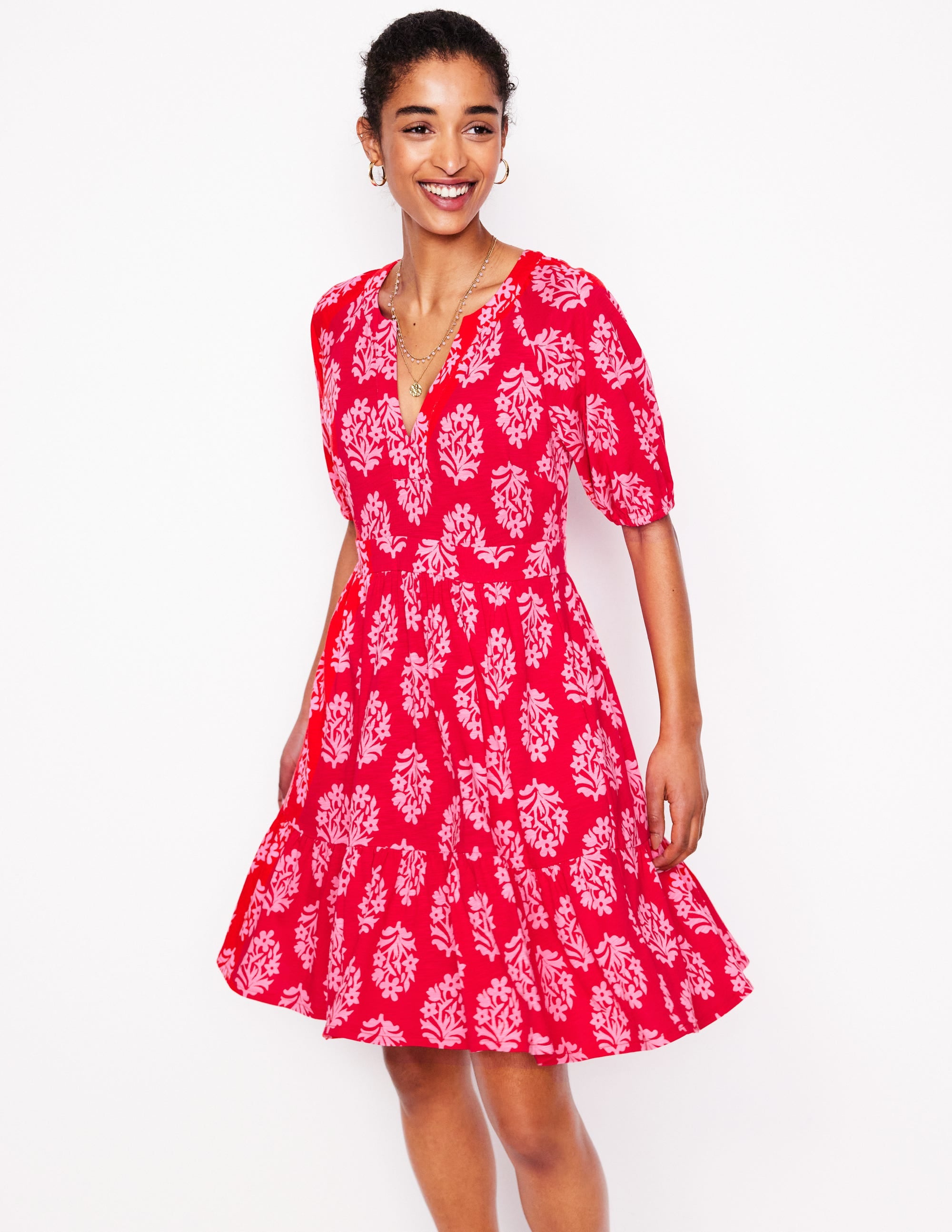 Piper Short Jersey Dress-Poppy Red, Posy Stamp - Image 4