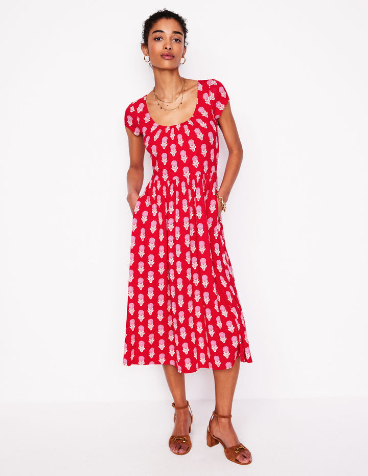 Samantha Scoop Jersey Dress-Poppy Red, Dahlia Sprig