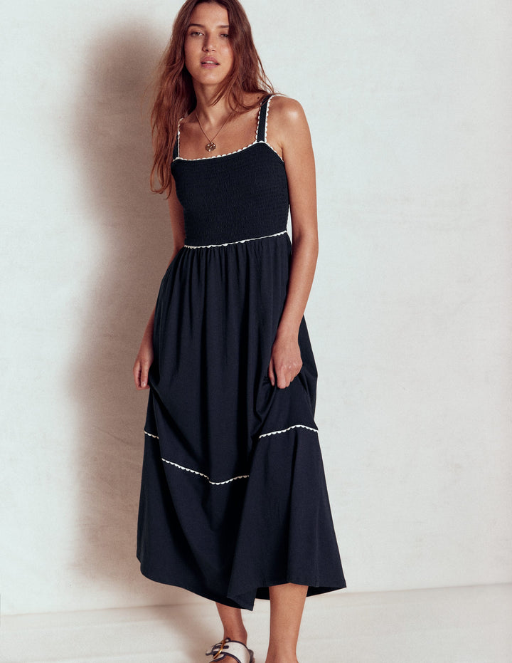 Smocked Trim Maxi Dress-Navy