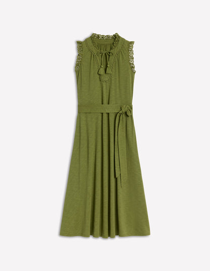 Aria Broderie Trim Midi Dress-Deep Olive-6