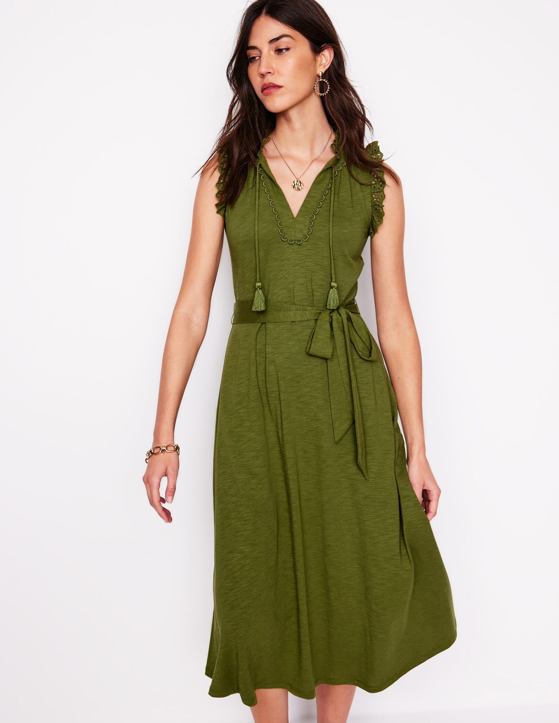 Aria Broderie Trim Midi Dress-Deep Olive | Boden USA Aria Broderie Trim Midi Dress-Deep Olive | Boden USA
