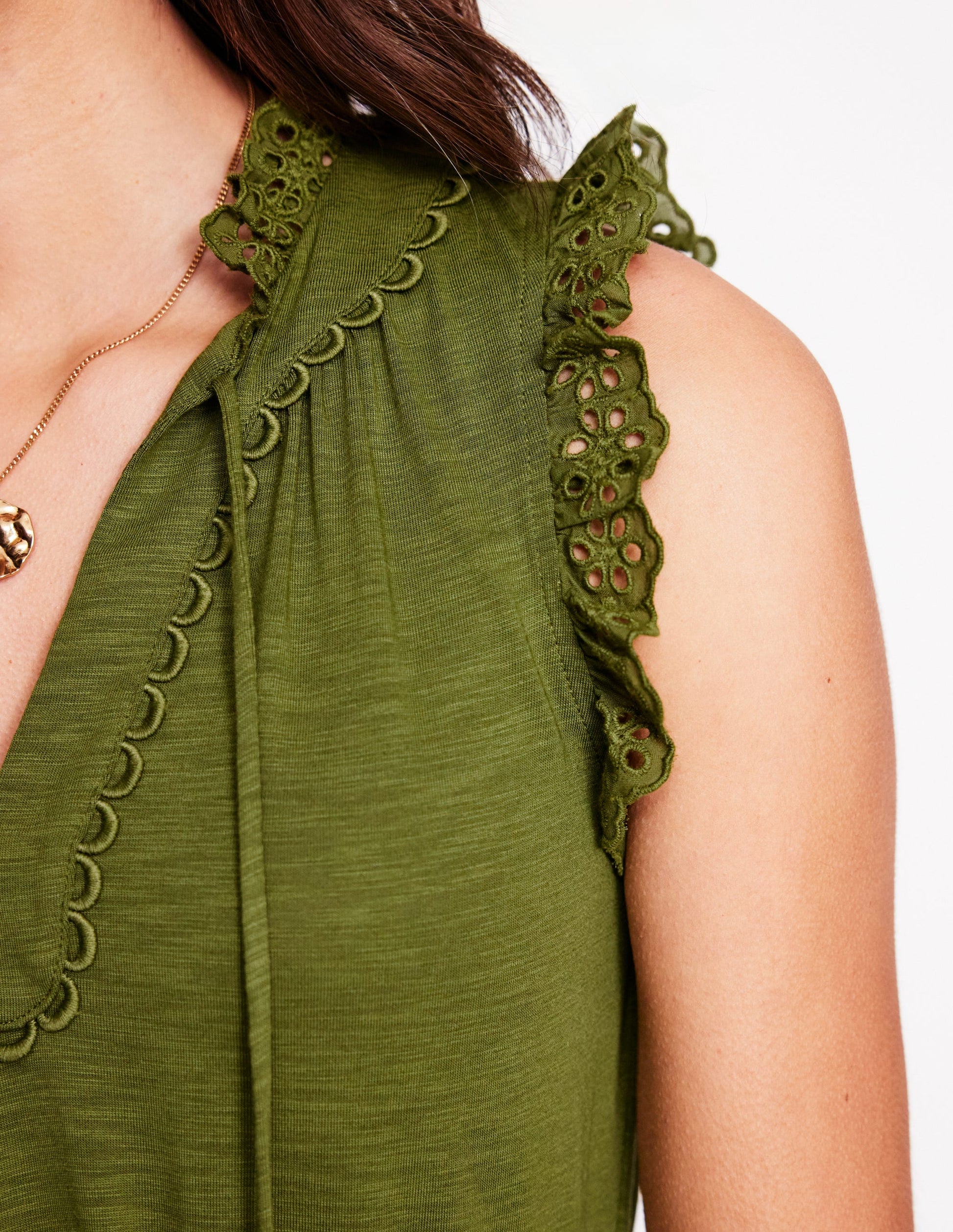 Aria Broderie Trim Midi Dress-Deep Olive-2