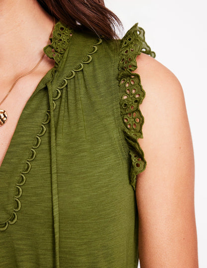 Aria Broderie Trim Midi Dress-Deep Olive-2