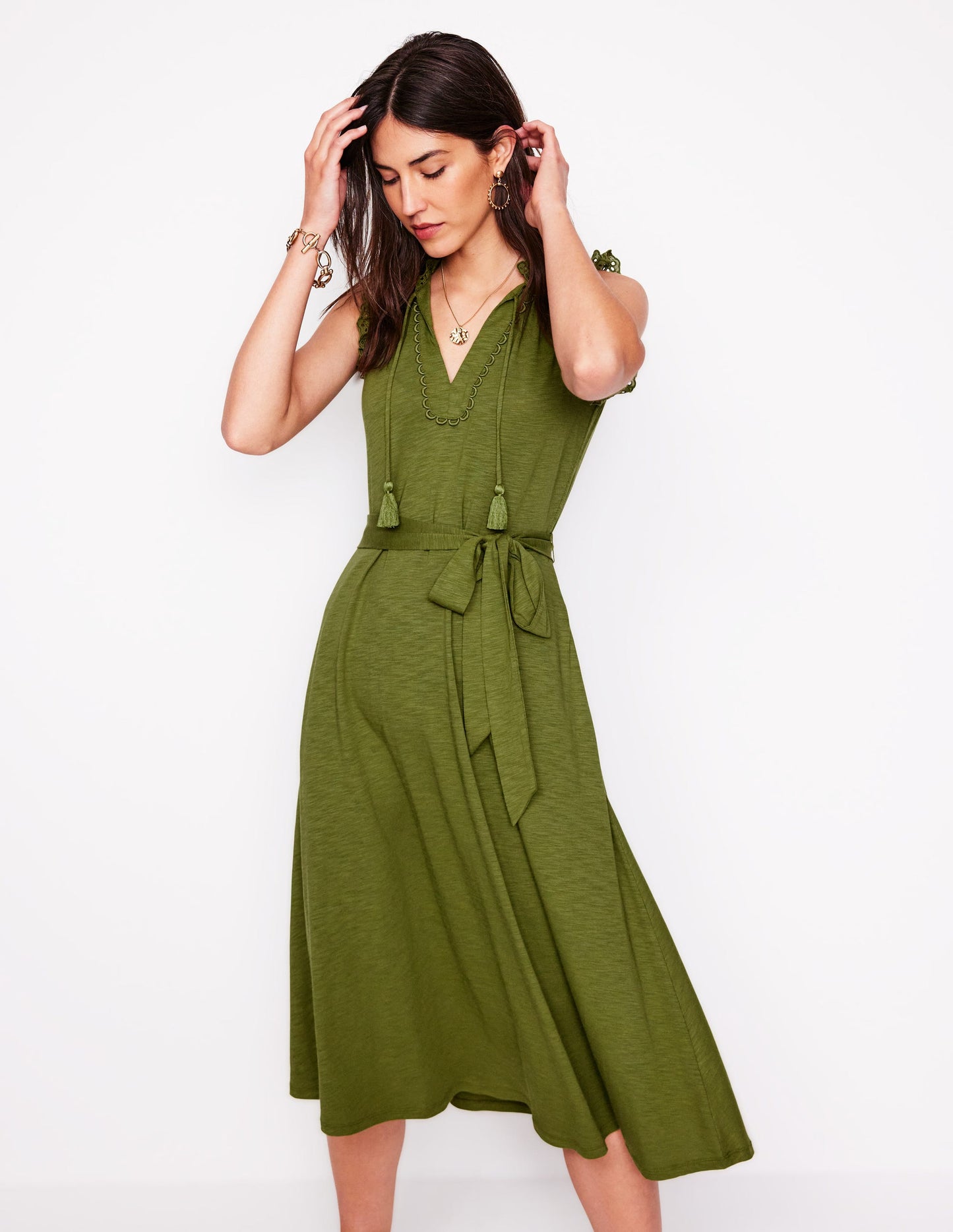 Aria Broderie Trim Midi Dress-Deep Olive
