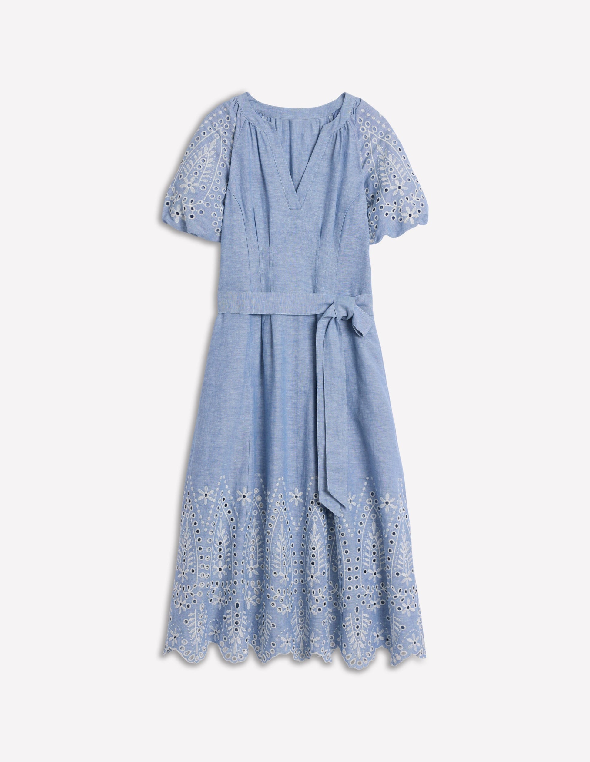 Puff Sleeve Embroidered Dress-Grey Blue Chambray-6
