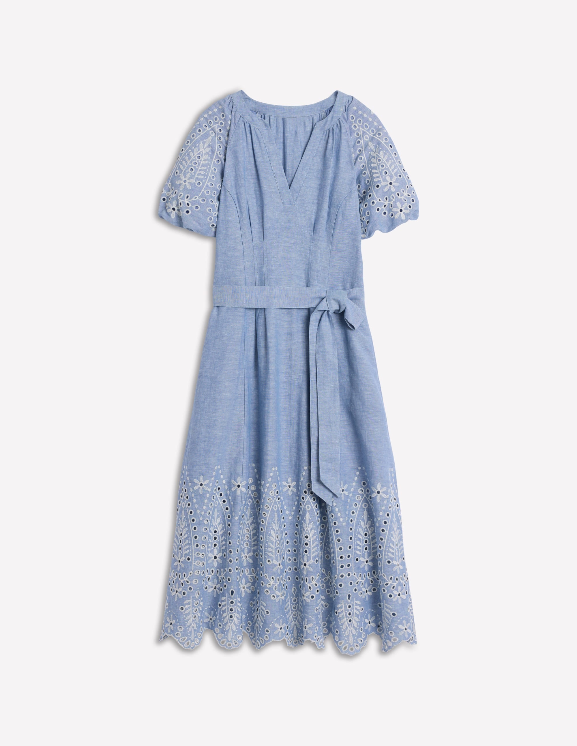 Puff Sleeve Embroidered Dress-Grey Blue Chambray - Image 6