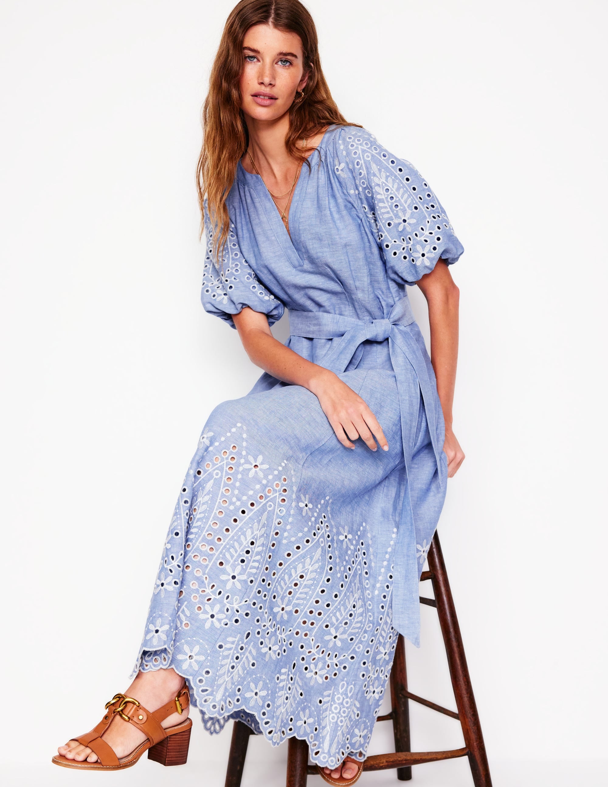 Puff Sleeve Embroidered Dress-Grey Blue Chambray - Image 1