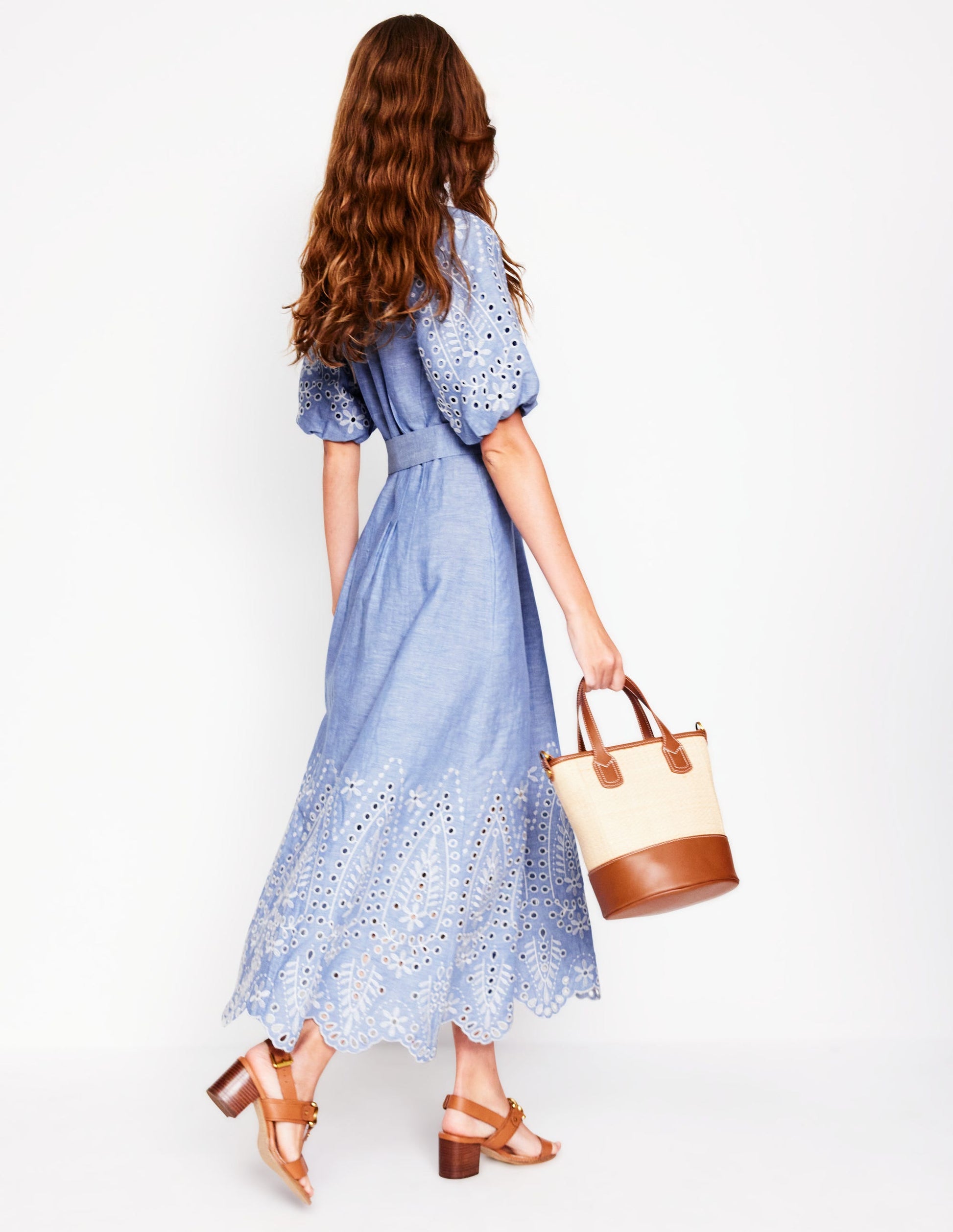 Puff Sleeve Embroidered Dress-Grey Blue Chambray-3
